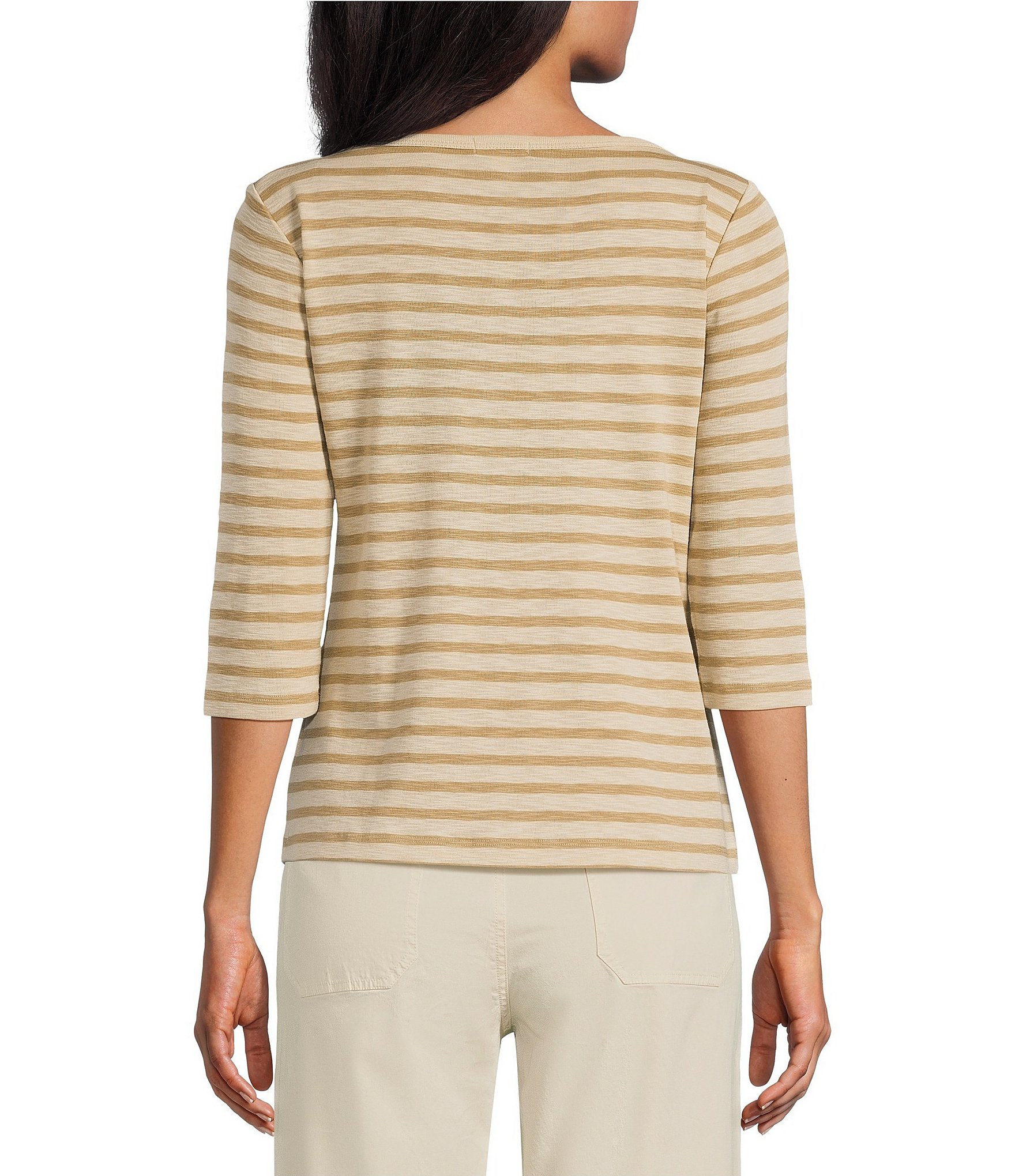 NIC + ZOE Stripe Knit Boat Neck 3/4 Sleeve Tee
