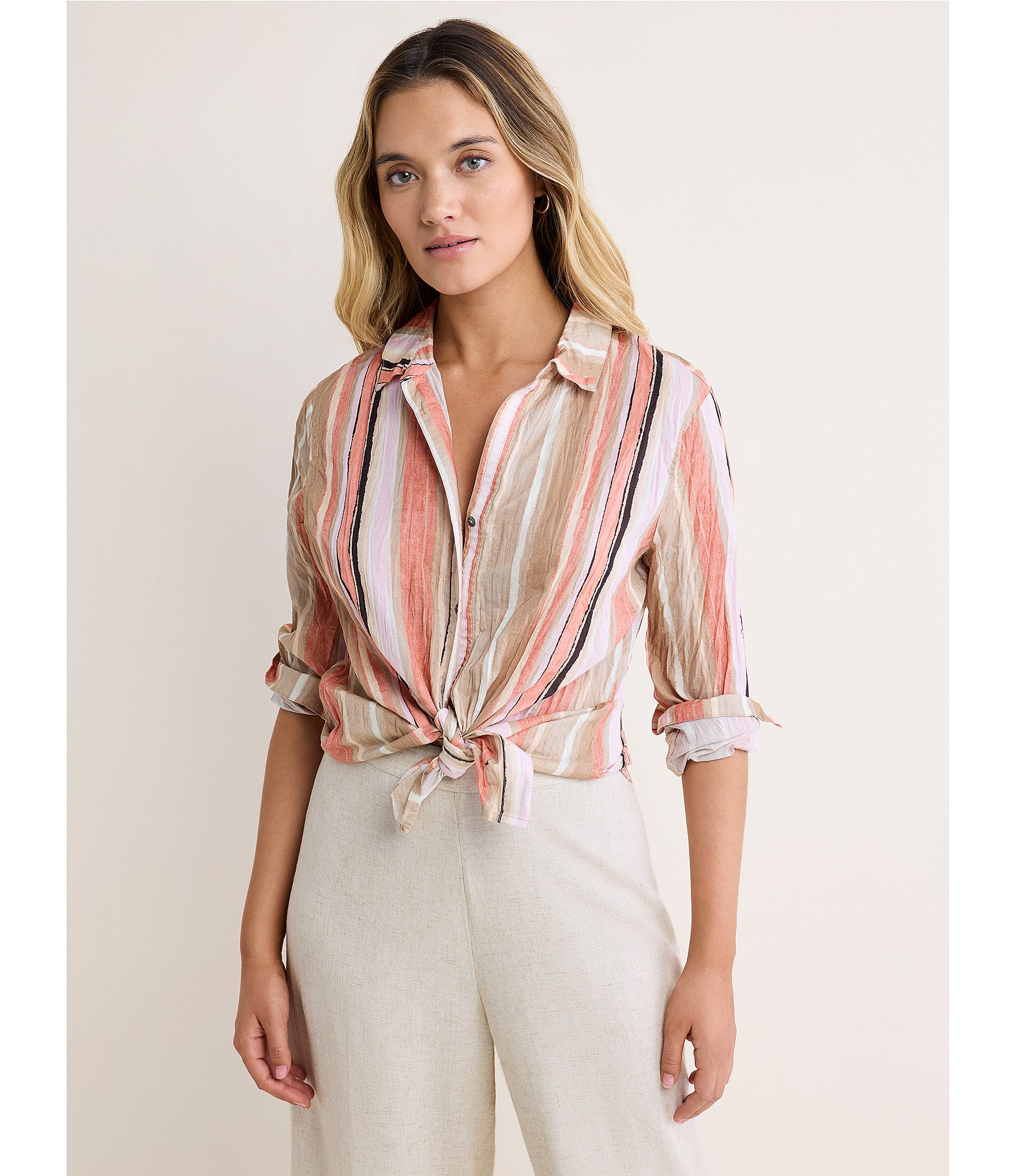 nz by NIC + ZOE Stripe Point Collar Long Sleeve Button Front Shirt