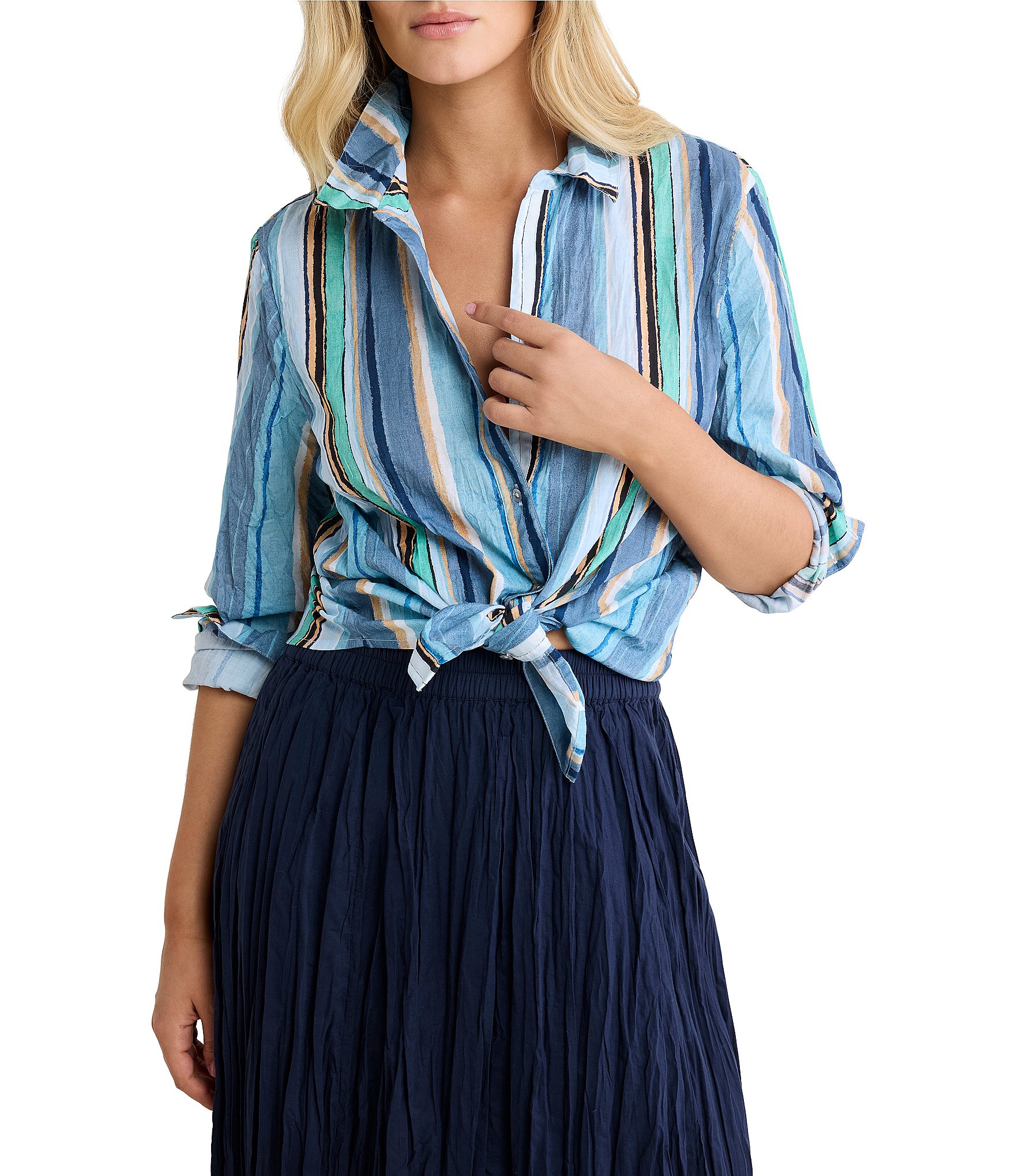 nz by NIC + ZOE Stripe Point Collar Long Sleeve Button Front Shirt