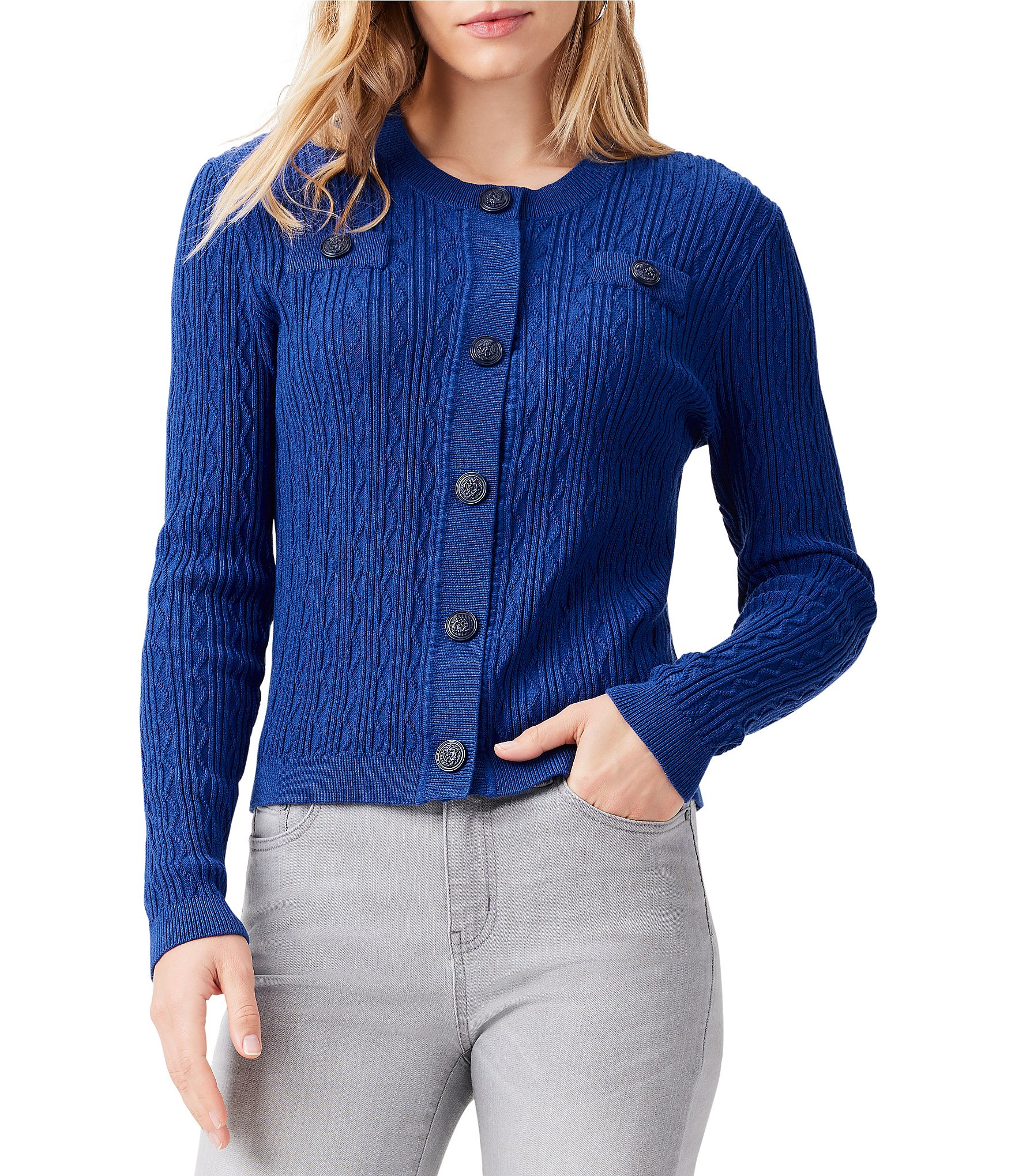 NIC + ZOE Textured Knit Crew Neck Long Sleeve Cardigan Sweater | Dillard's