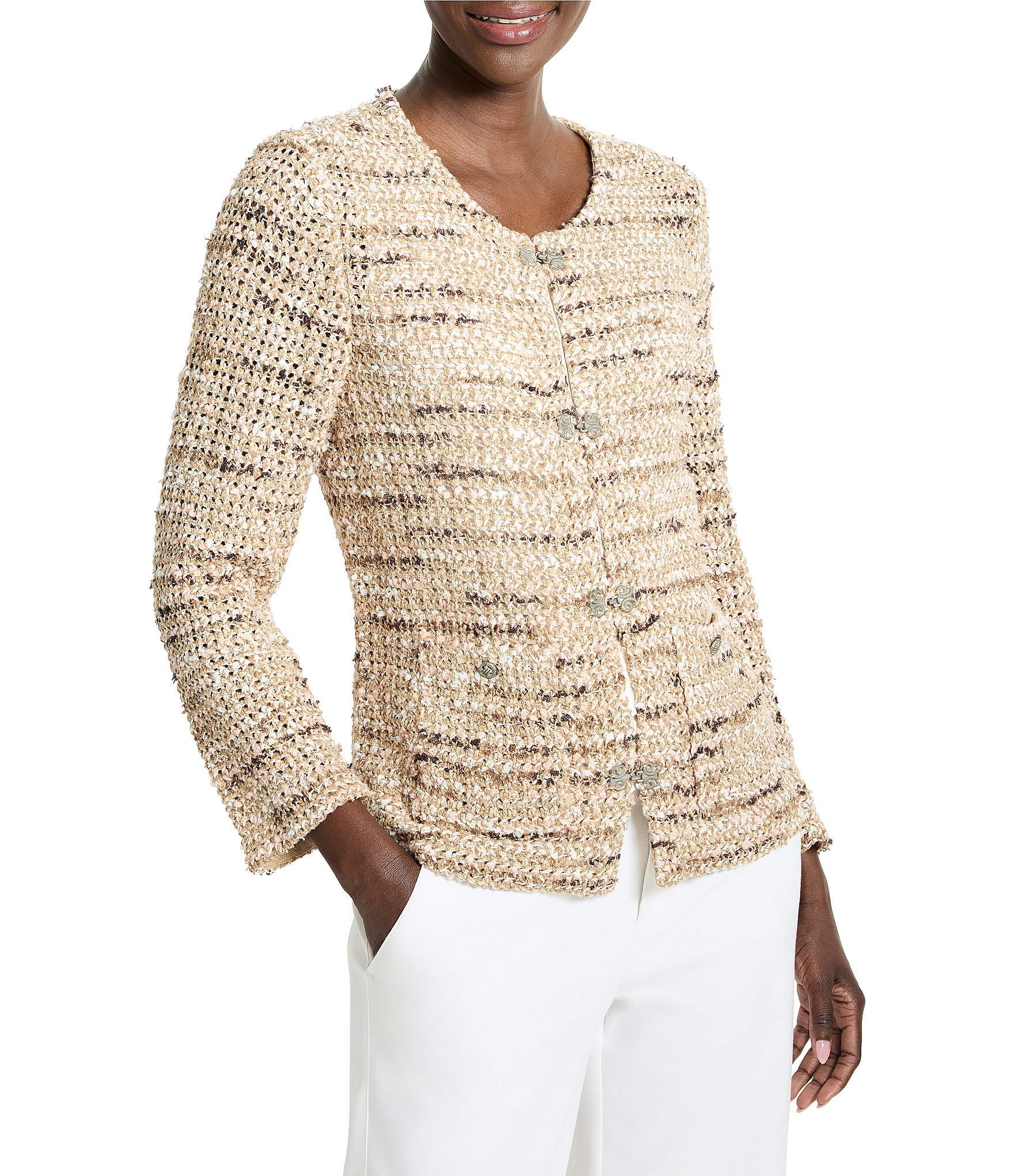 NIC + ZOE Tonal Mix Knit Round Neck Bracelet Sleeve Hook Front Jacket