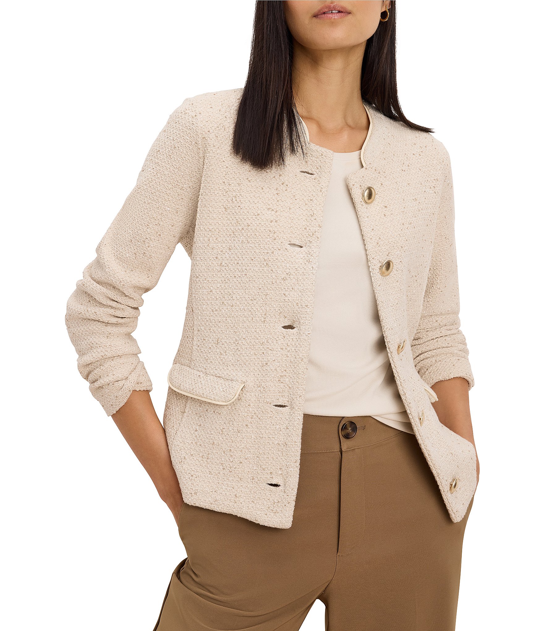 NIC + ZOE Trimmed Weave Mix Knit Band Collar Long Sleeve Button-Front Jacket