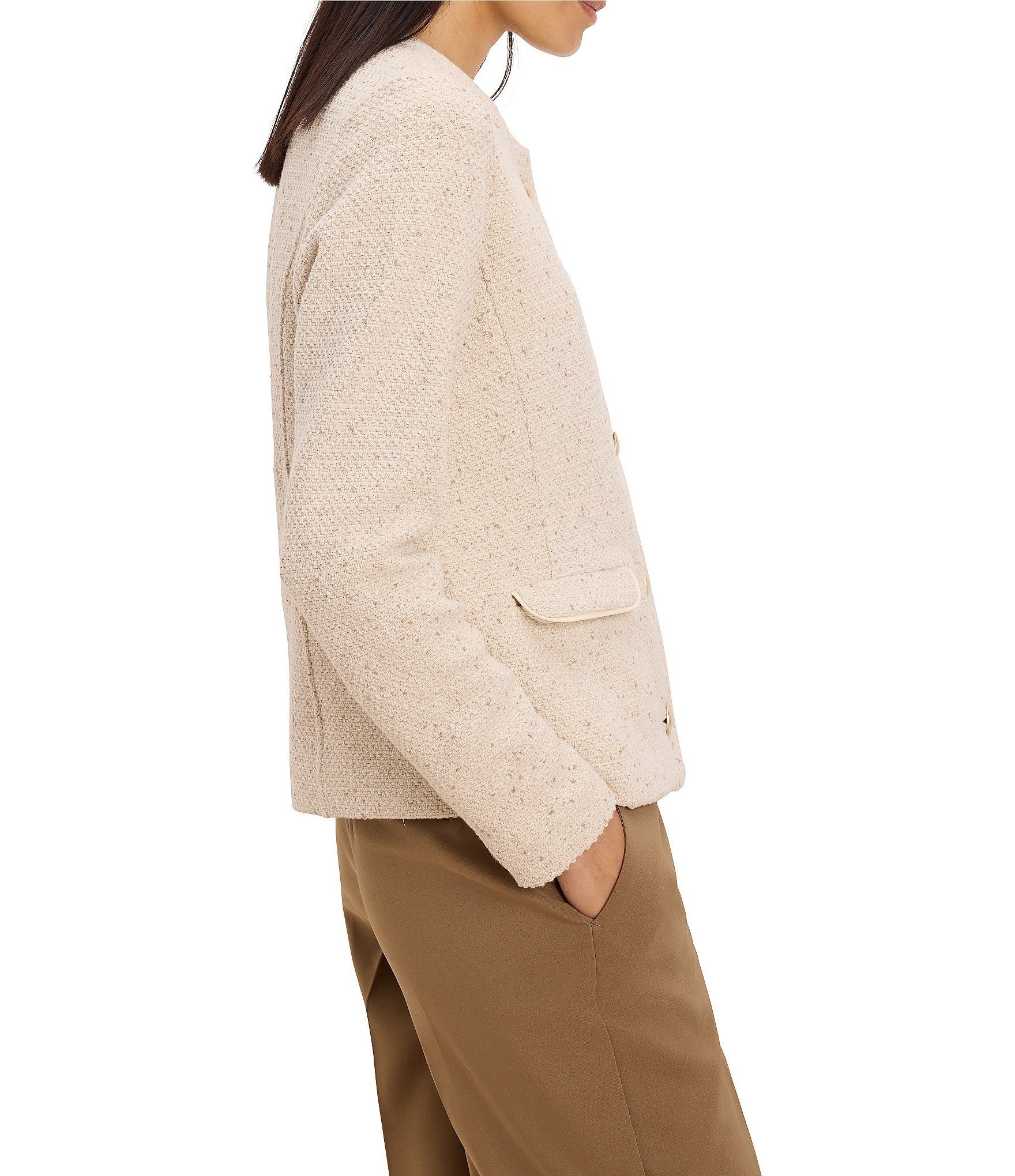 NIC + ZOE Trimmed Weave Mix Knit Band Collar Long Sleeve Button-Front Jacket