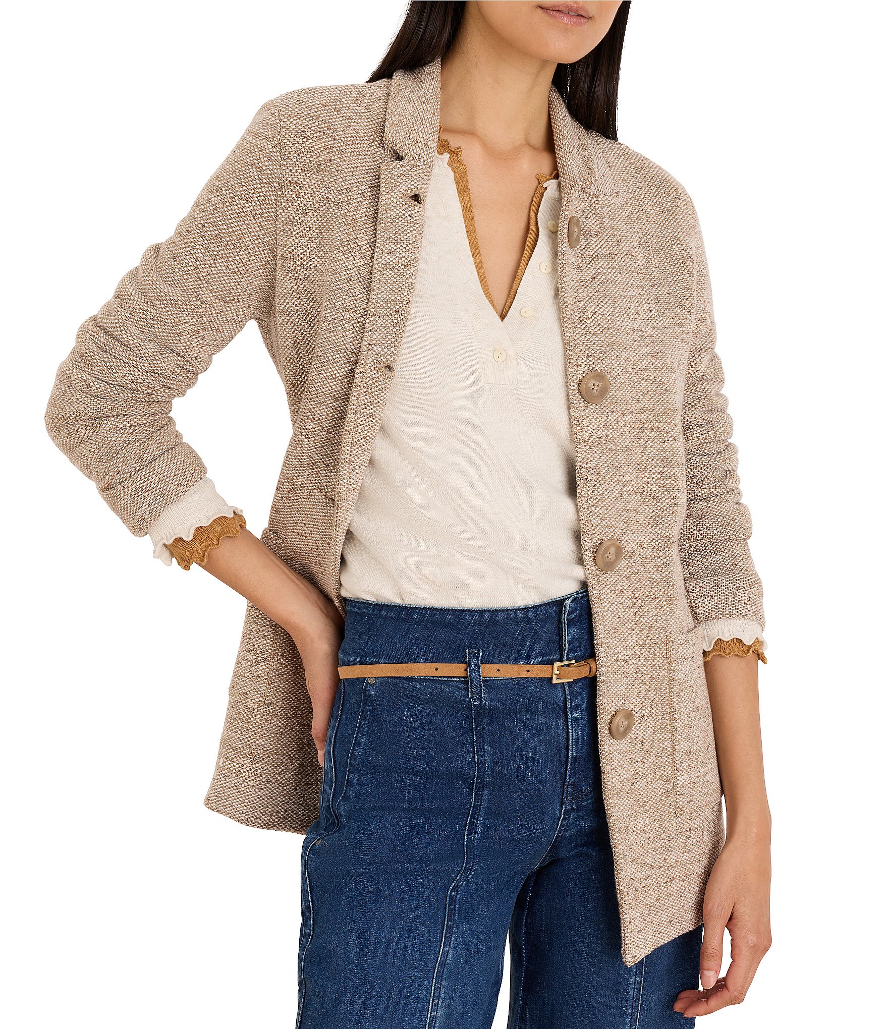 NIC + ZOE Tweed Stitch Cotton-Blend Notch Collar Long Sleeve Button-Front Sweater Jacket