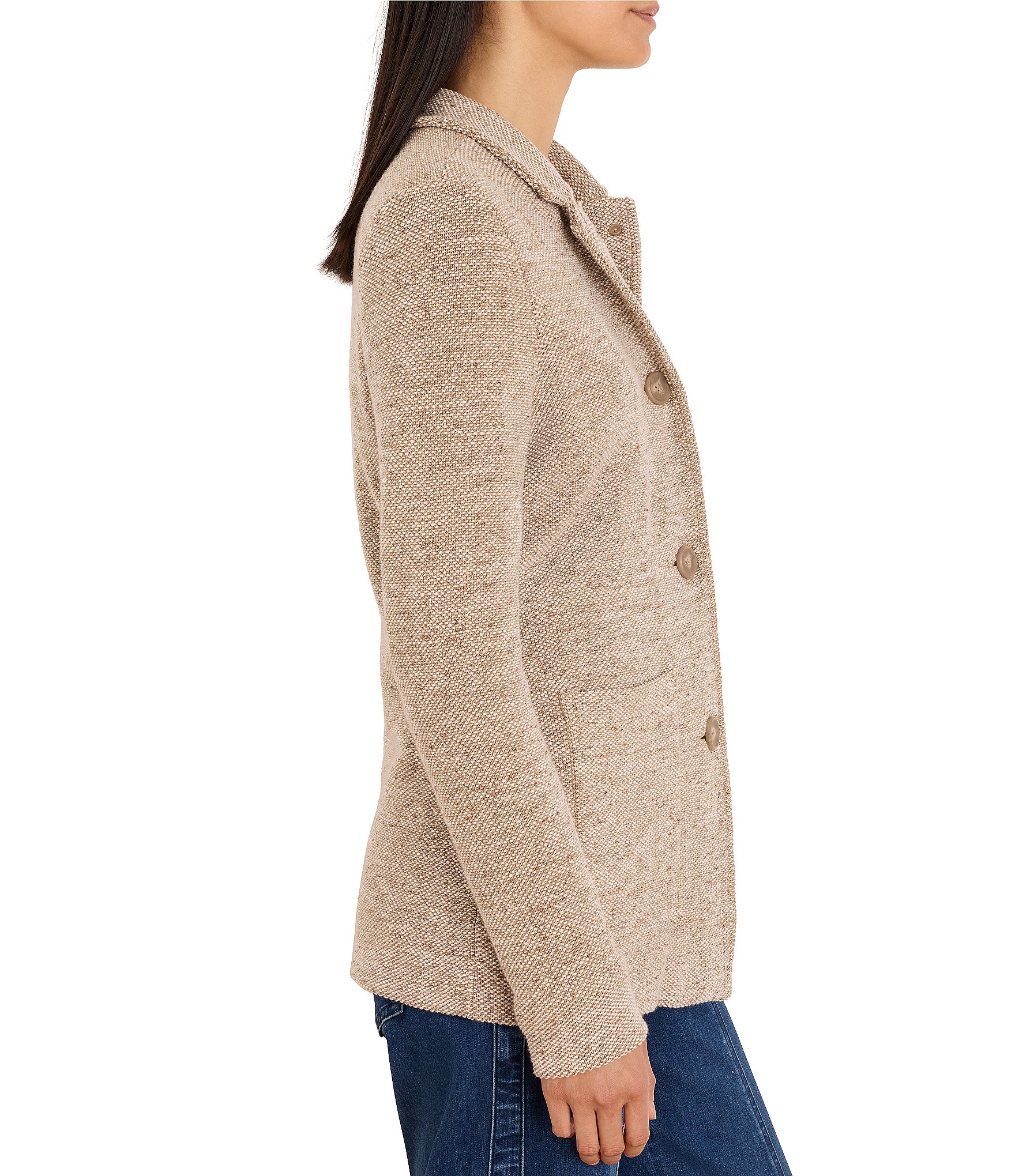 NIC + ZOE Tweed Stitch Cotton-Blend Notch Collar Long Sleeve Button-Front Sweater Jacket