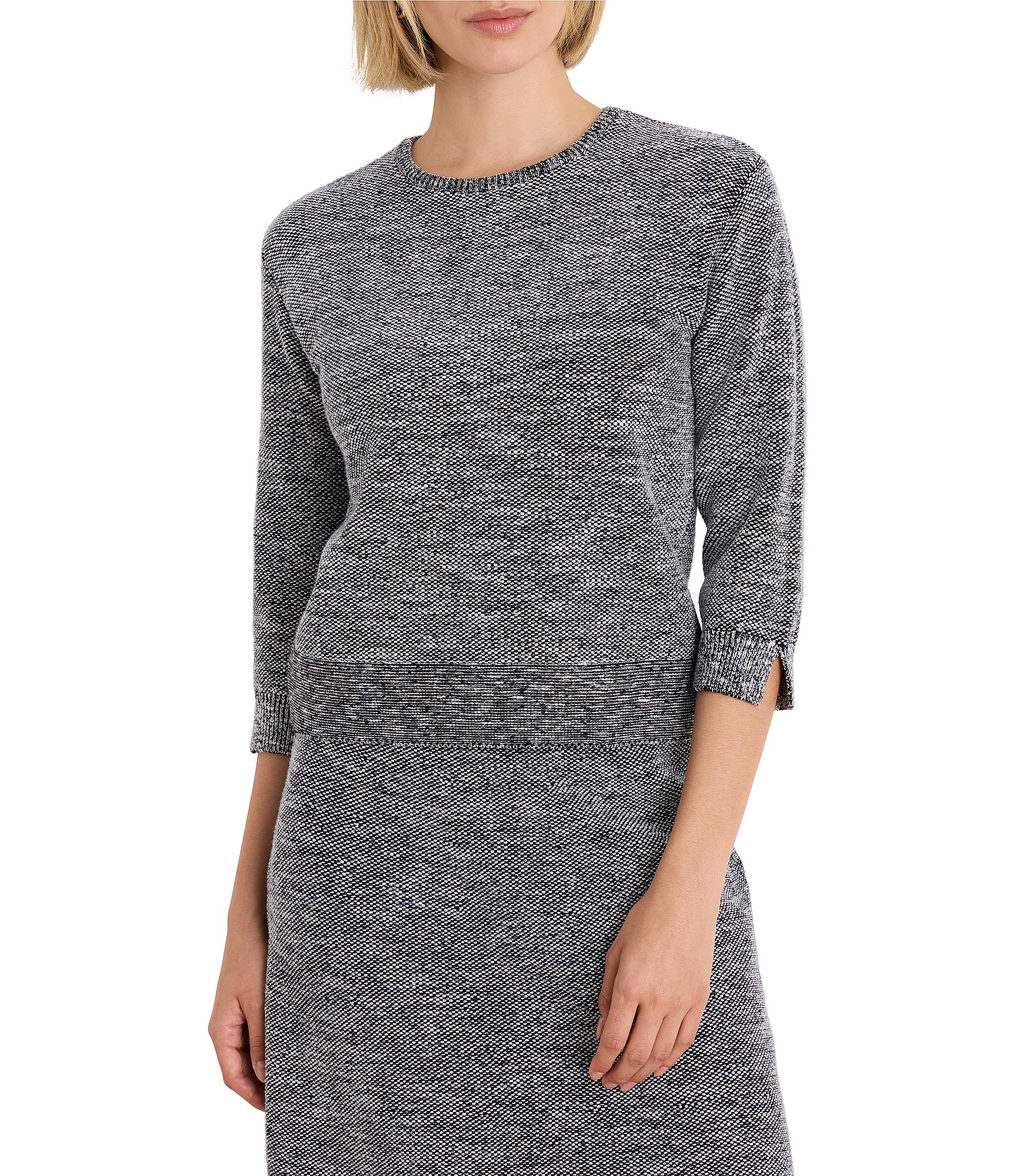 NIC + ZOE Tweed Stitch Knit Round Neck 3/4 Sleeve Coordinating Sweater