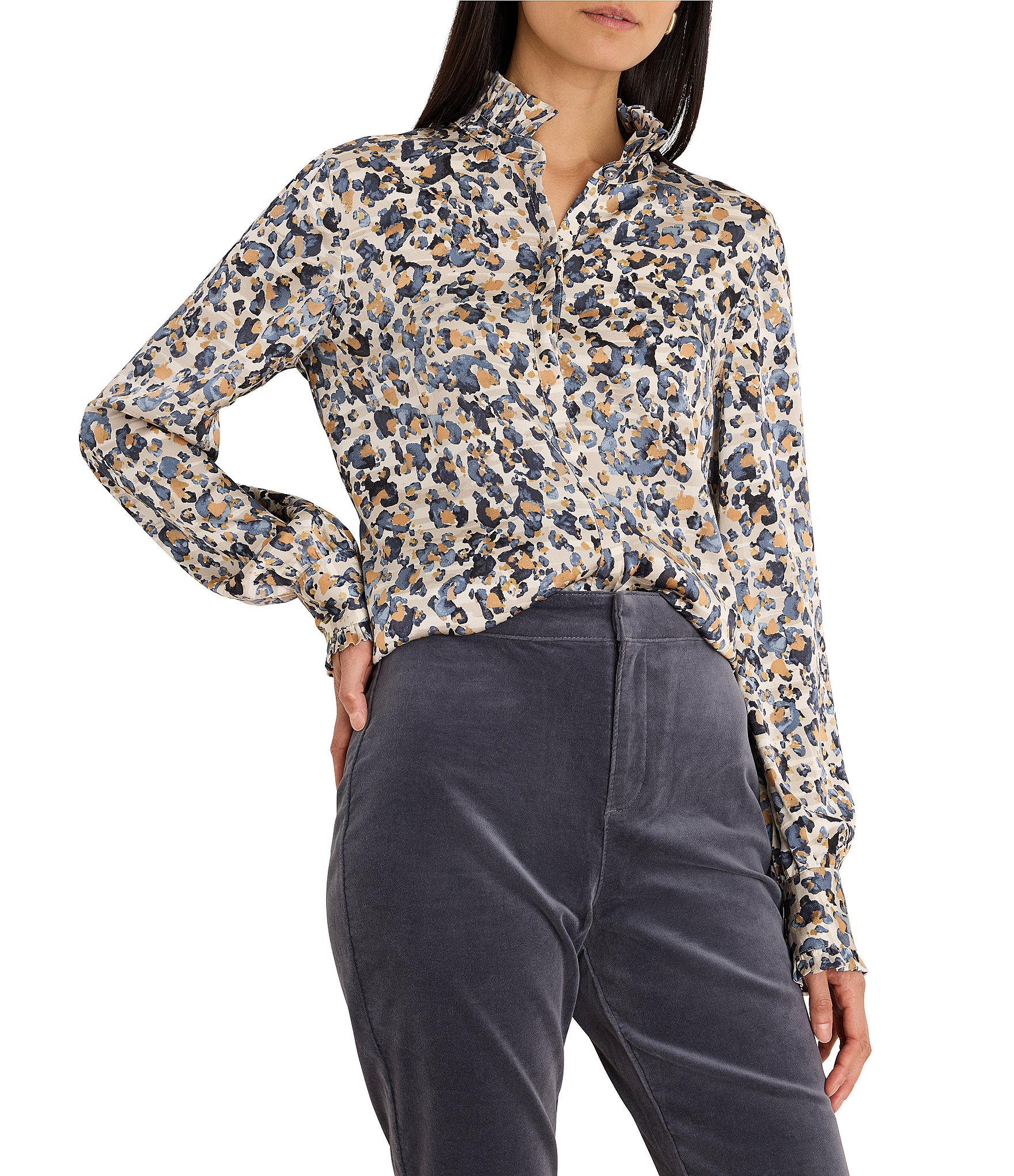 NIC + ZOE Woven Abstract Leopard Ruffle Stand Collar Long Sleeve Button-Front Shirt