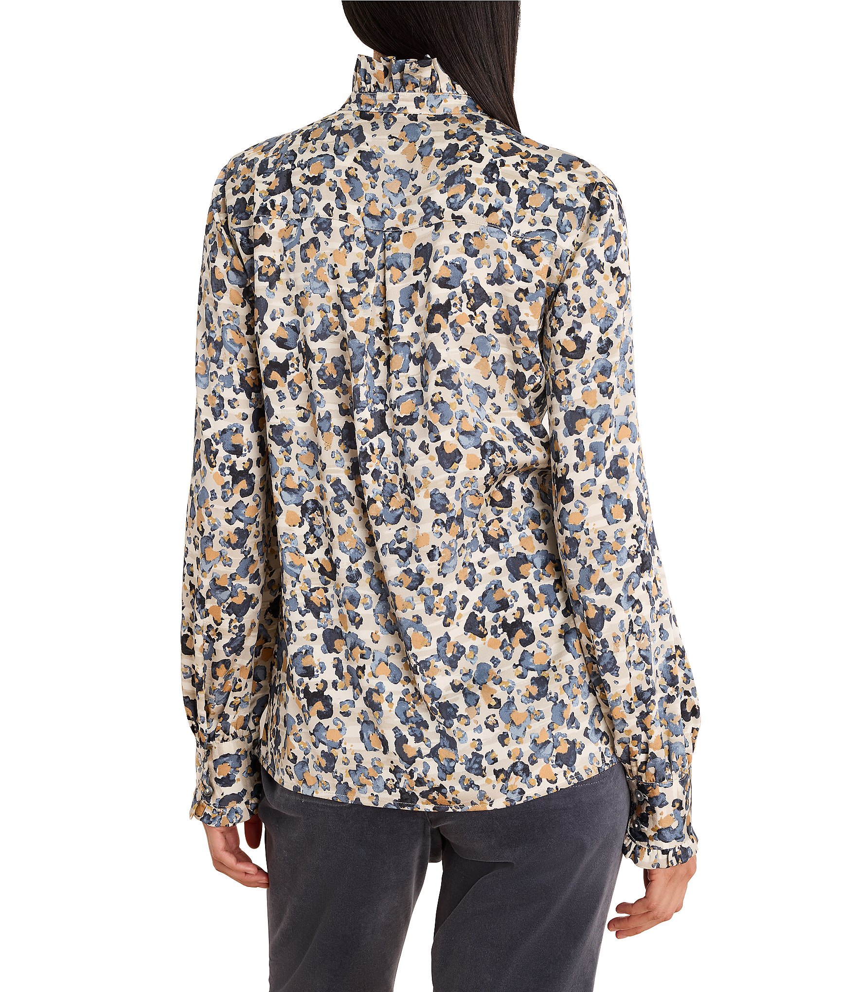 NIC + ZOE Woven Abstract Leopard Ruffle Stand Collar Long Sleeve Button-Front Shirt