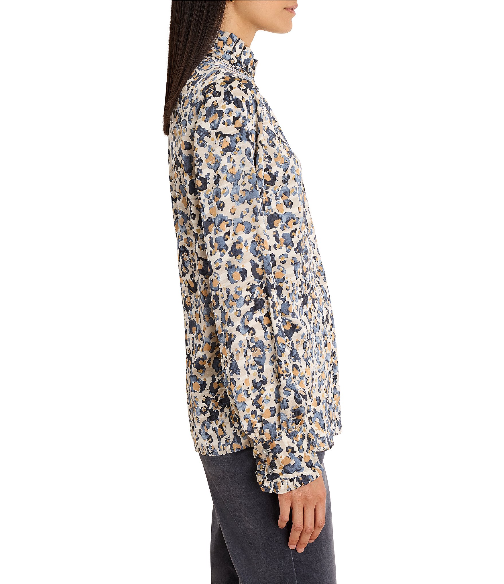 NIC + ZOE Woven Abstract Leopard Ruffle Stand Collar Long Sleeve Button-Front Shirt