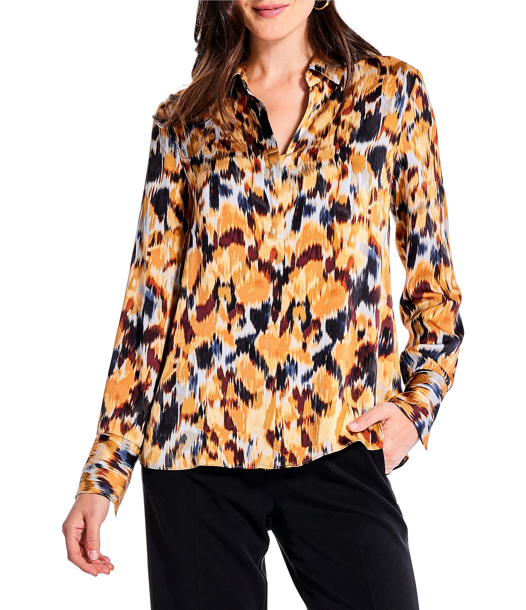 NIC + ZOE Woven Autumn Ikat Print Point Collar V-Neck Long Sleeve Shirt ...