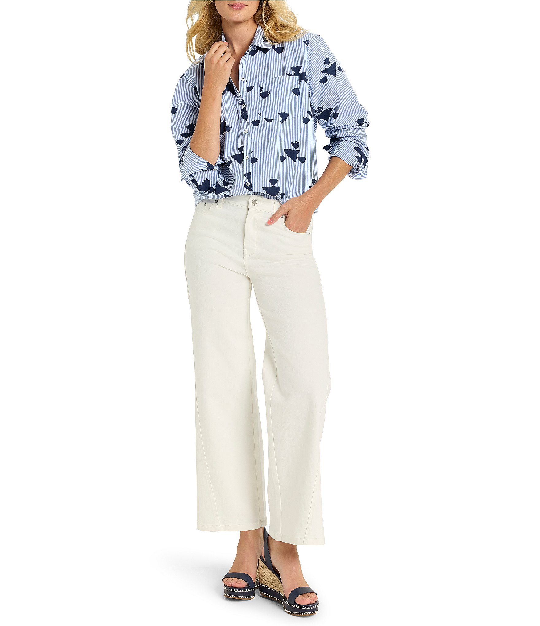 NIC + ZOE Woven Stamped Stripe Point Collar Long Sleeve Shirt