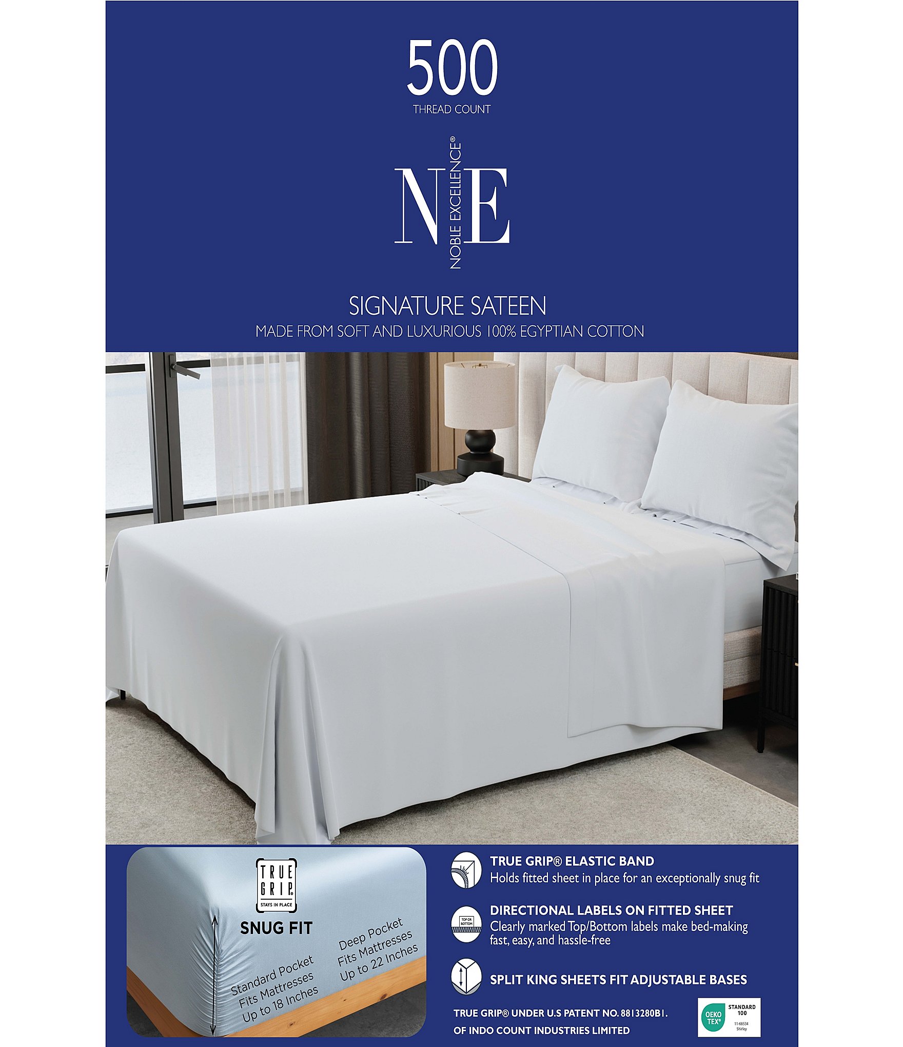Noble Excellence 500 Thread-Count Egyptian Extra Deep Pocket Fitted Cotton Sheet Set