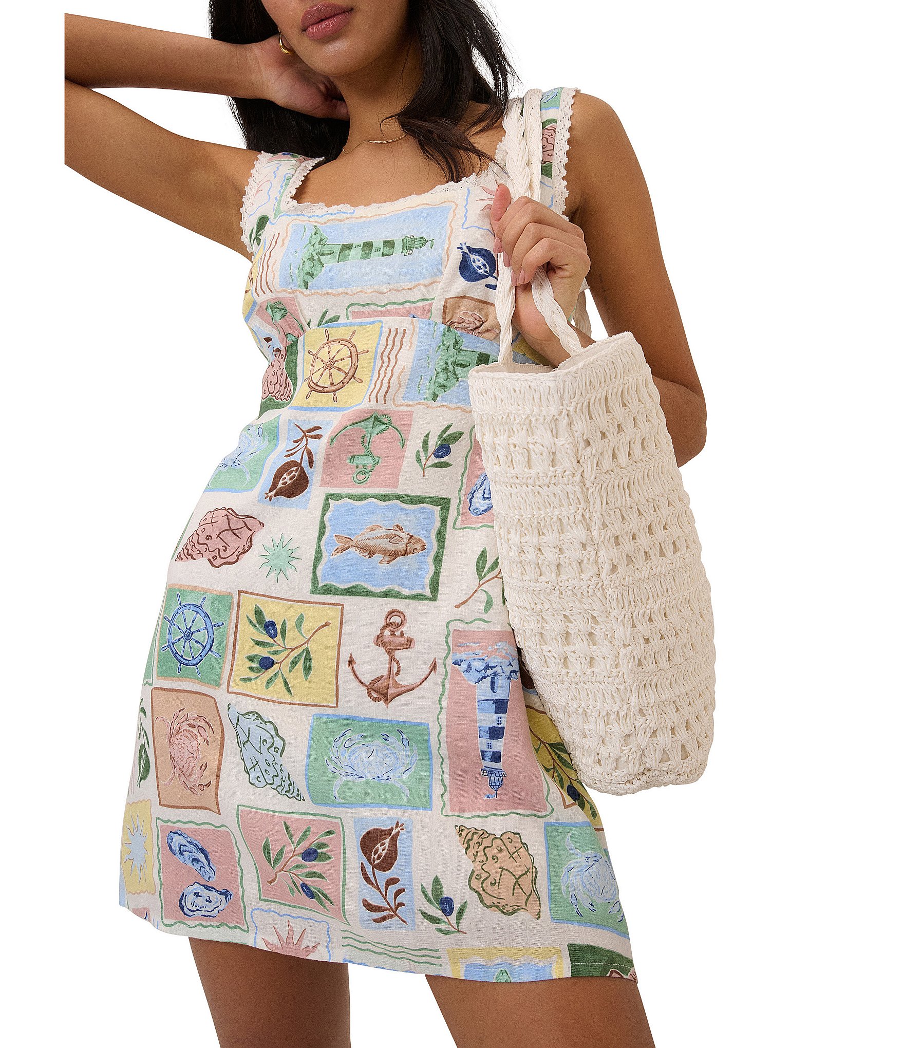 Nobody's Child Ciara Stamp Print Linen Blend Square Neck Sleeveless Mini Shift Dress