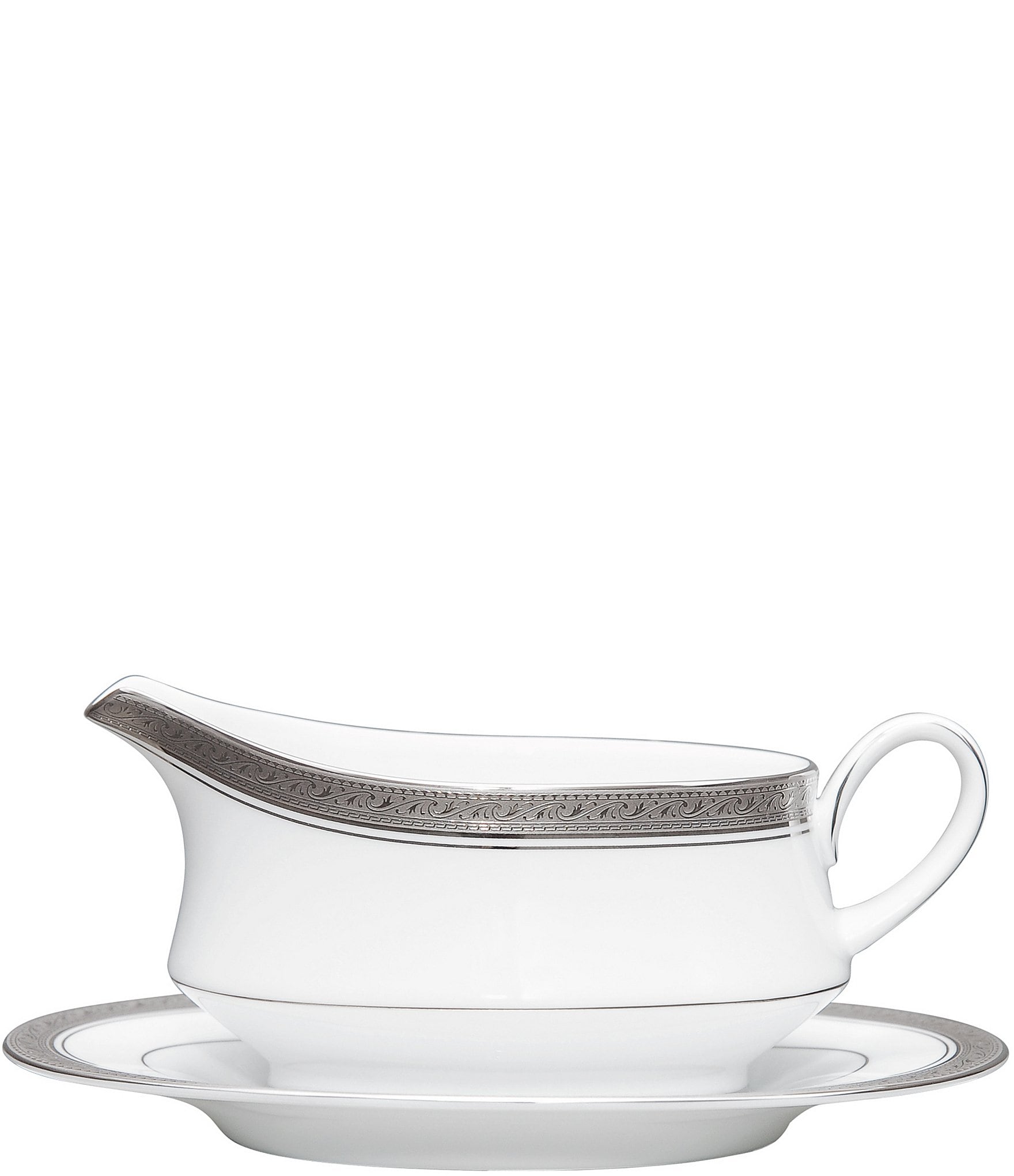 Noritake Crestwood Etched Platinum Porcelain Gravy Boat with Stand