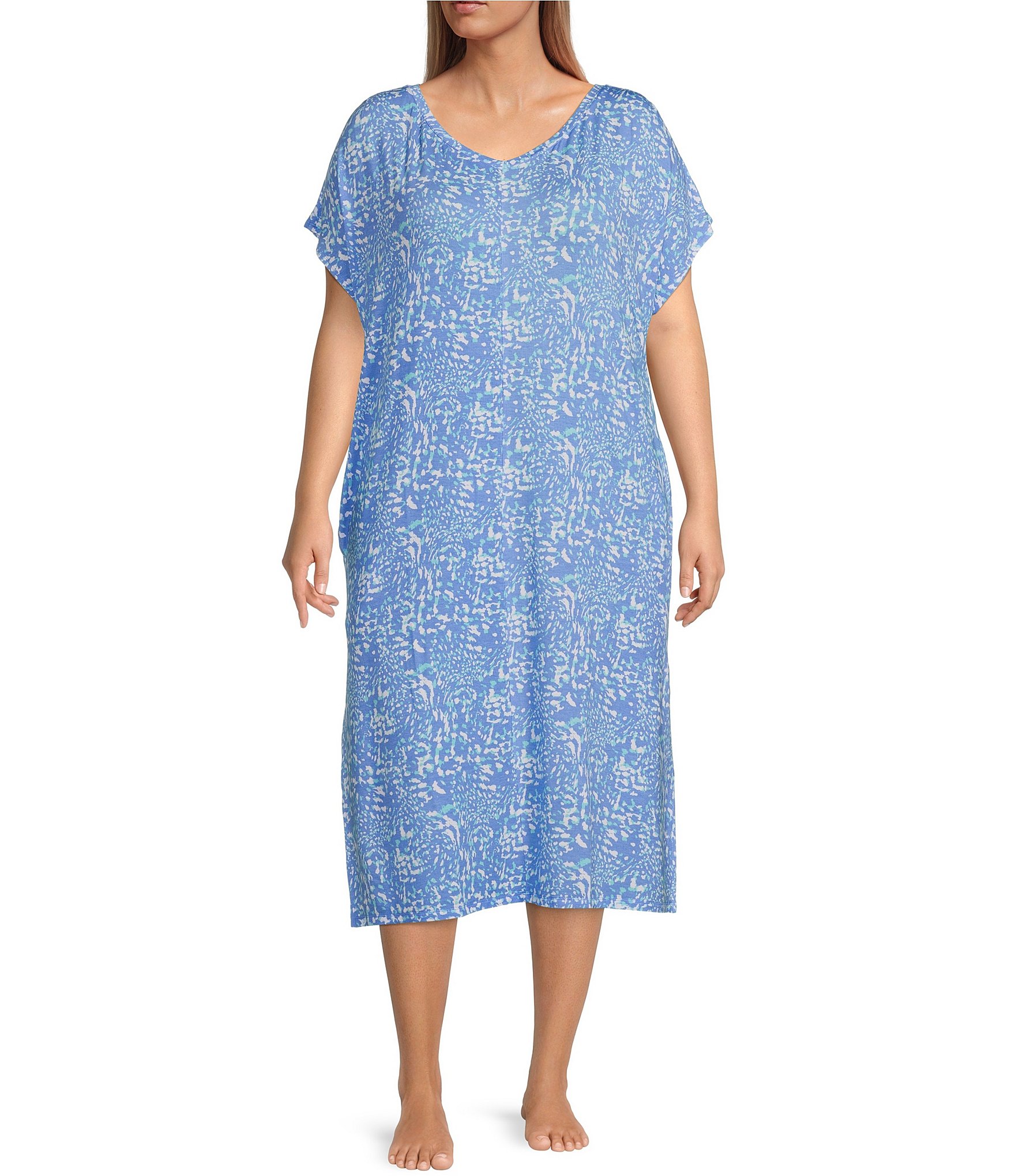 Nottibianche Plus Size Animal Print V-Neck Short Sleeve Knit Nightgown ...