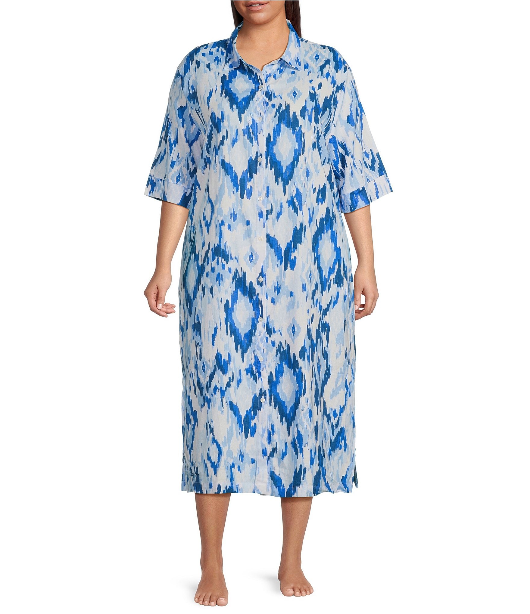 Nottibianche Plus Size Ikat Print Point Collar Short Sleeve Button-Front Caftan