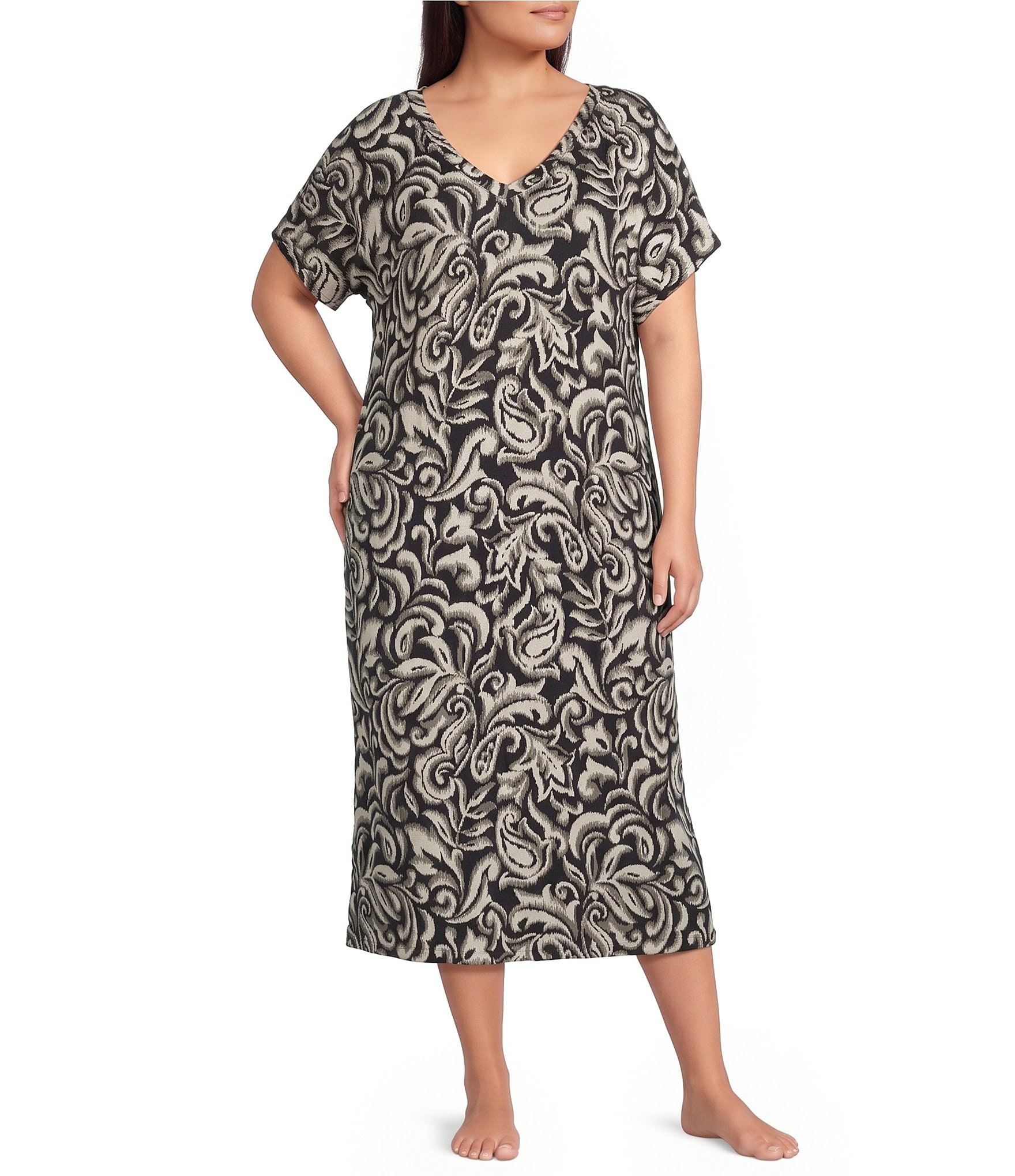 Nottibianche Plus Size Ikat Print Short Sleeve V-Neck Knit Caftan