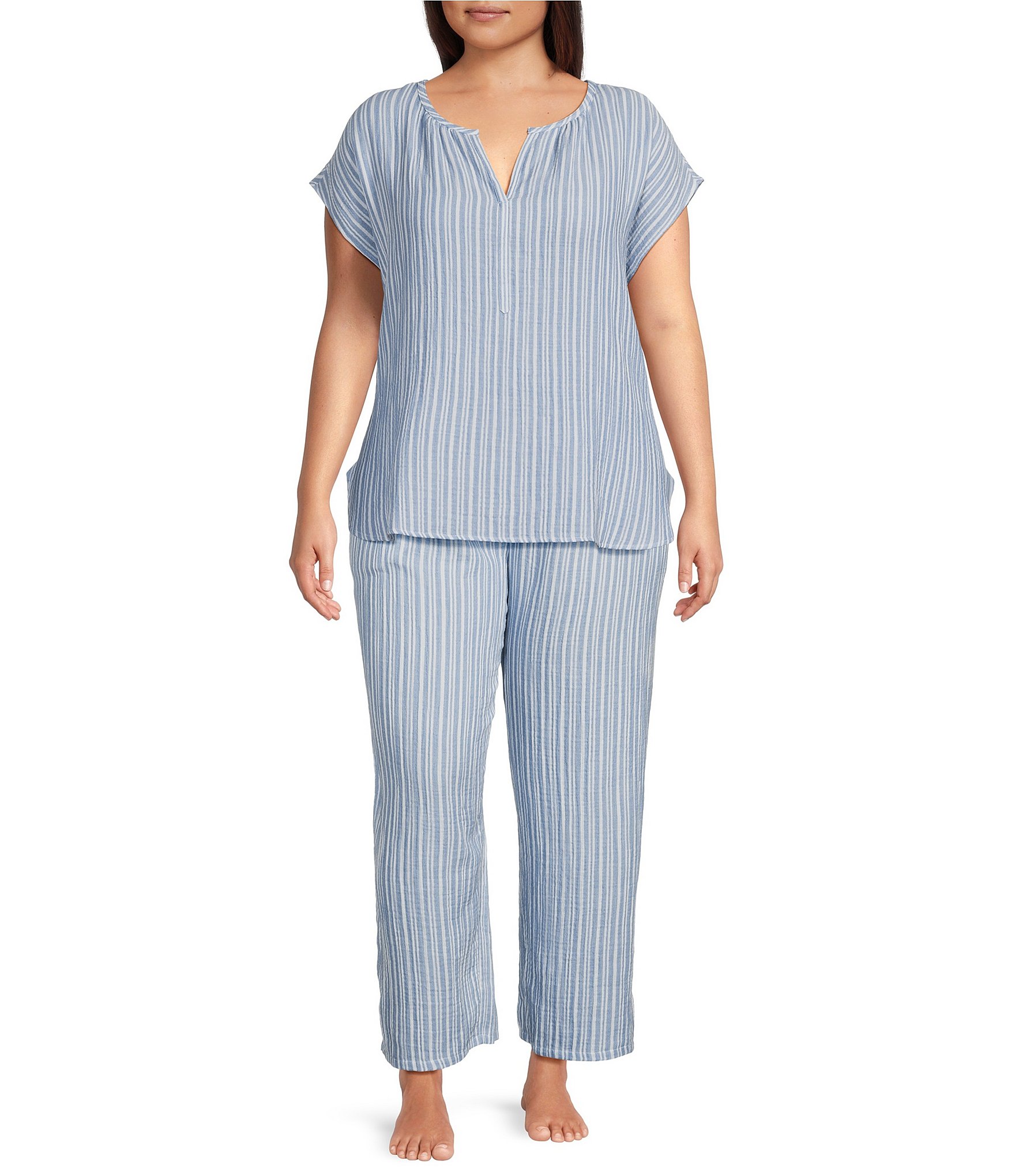 Nottibianche Plus Size Woven Stripped Drawstring Tie Coordinating Sleep Pant