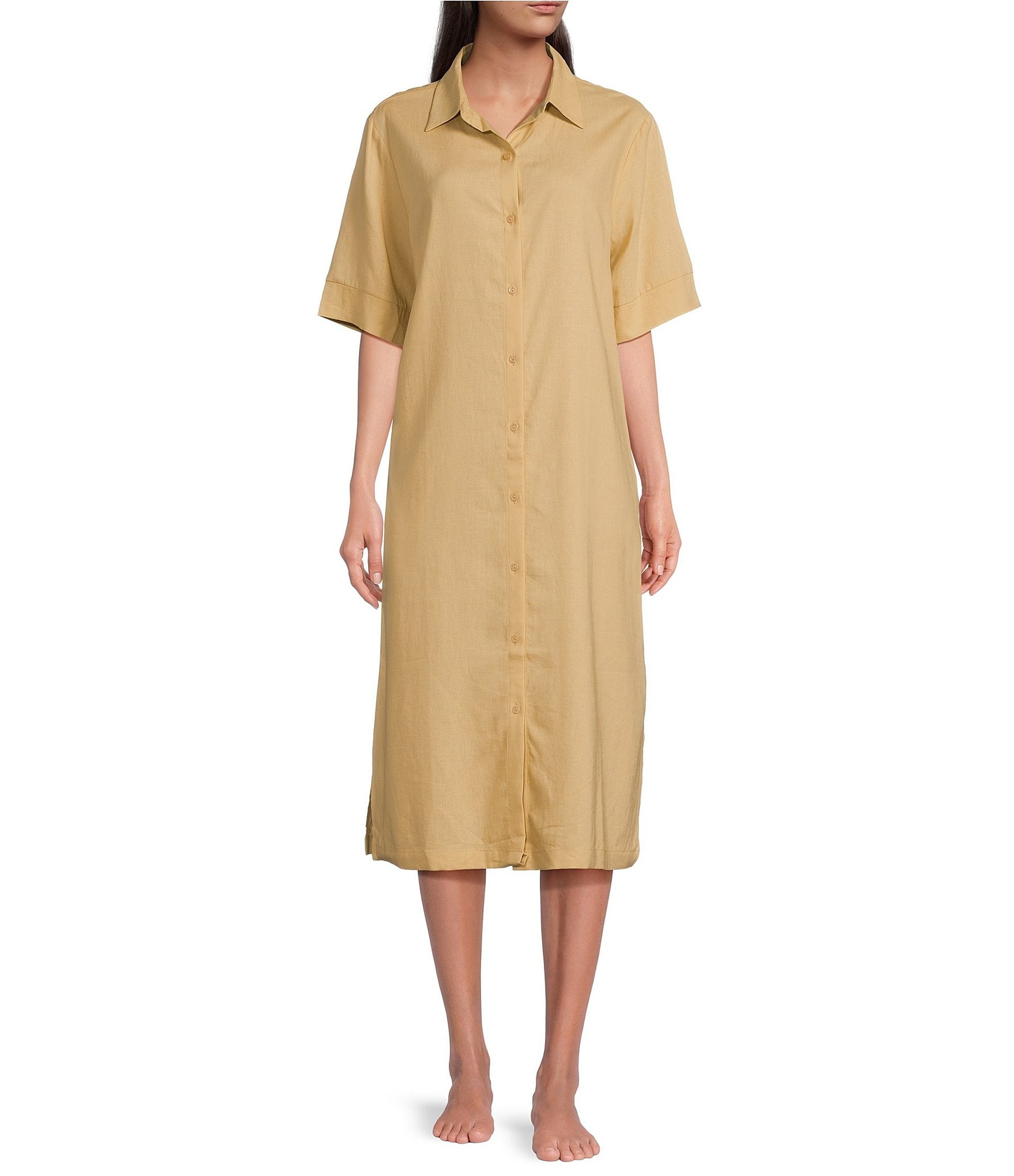 Nottibianche Short Sleeve Notch Collar Woven Linen Blend Button-Front Caftan