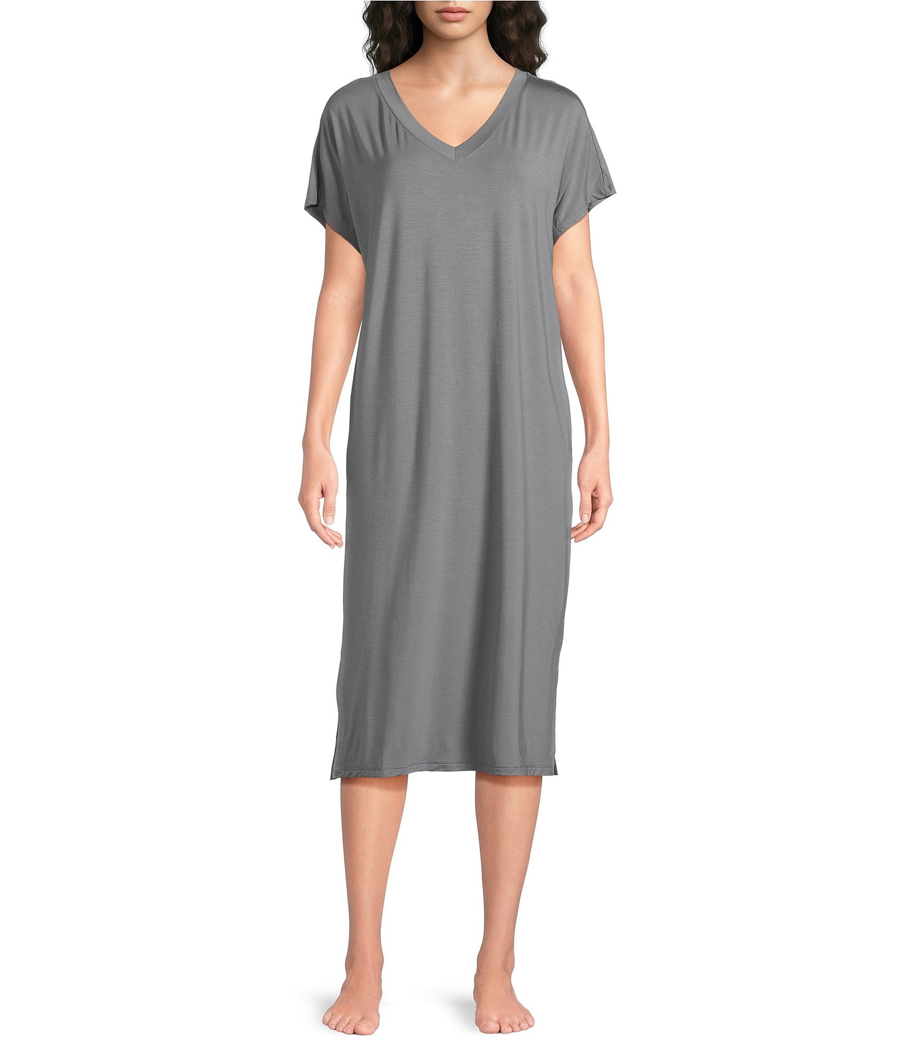Nottibianche Solid Bamboo Jersey Knit Short Sleeve V-Neck Caftan