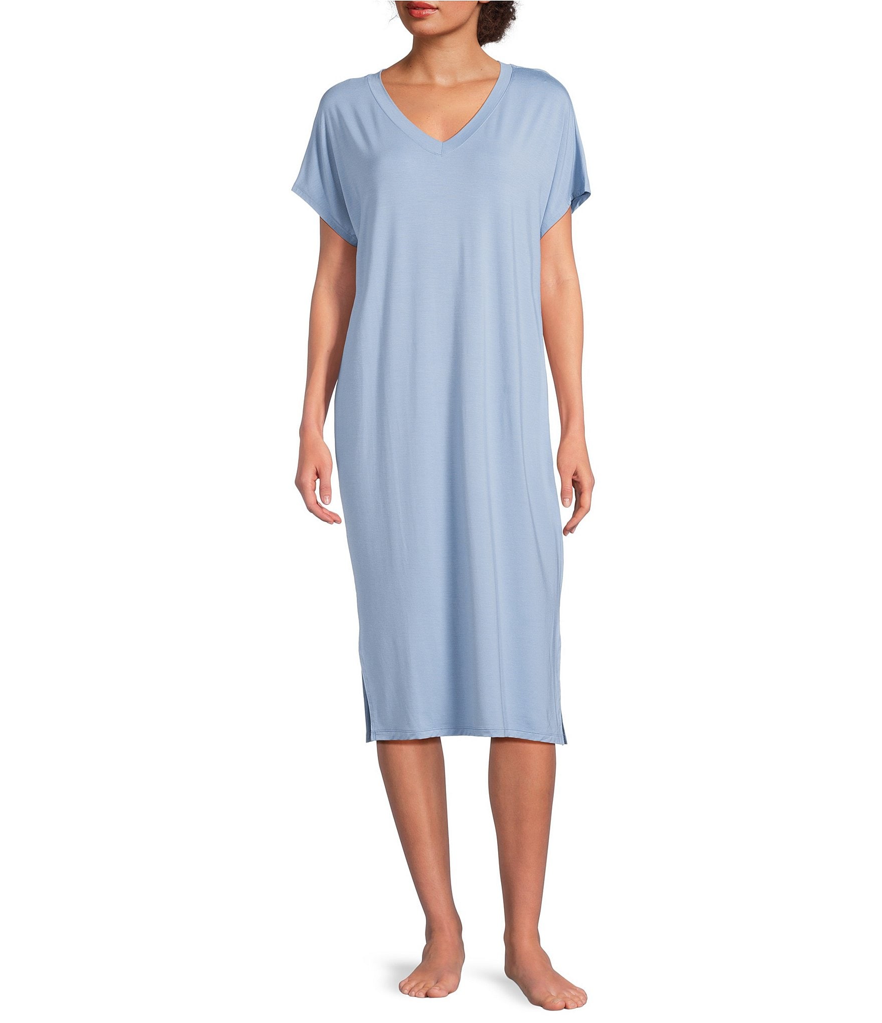 Nottibianche Solid Bamboo Jersey Knit Short Sleeve V-Neck Caftan