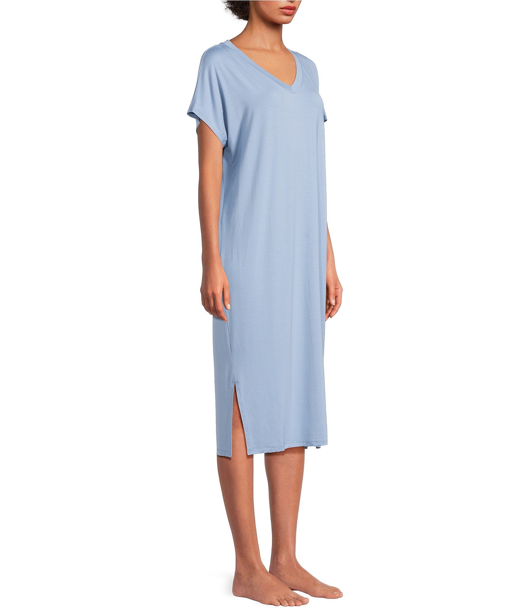 Nottibianche Solid Bamboo Jersey Knit Short Sleeve V-Neck Caftan