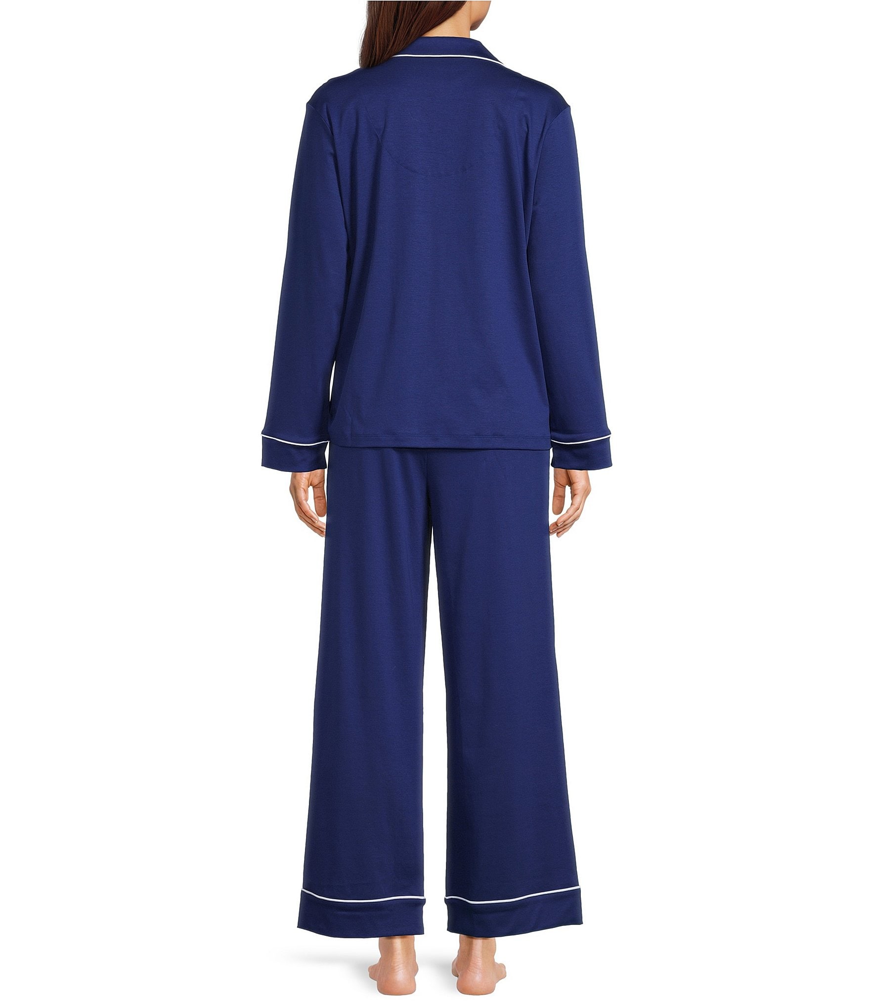 Nottibianche Solid Long Sleeve Notch Collar Button Front Long Knit Pajama Set