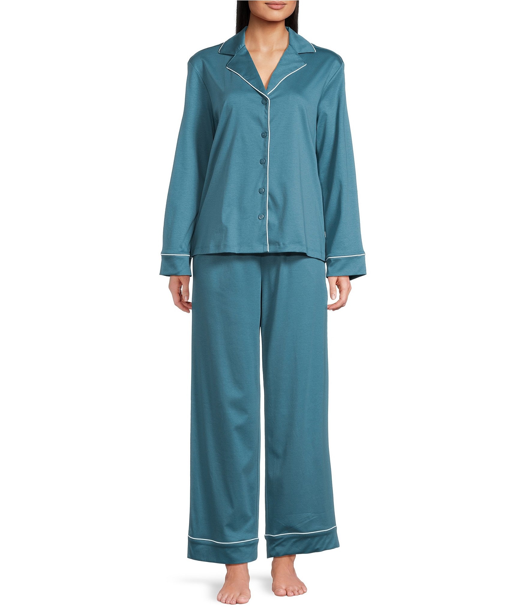 Nottibianche Solid Long Sleeve Notch Collar Button Front Long Knit Pajama Set