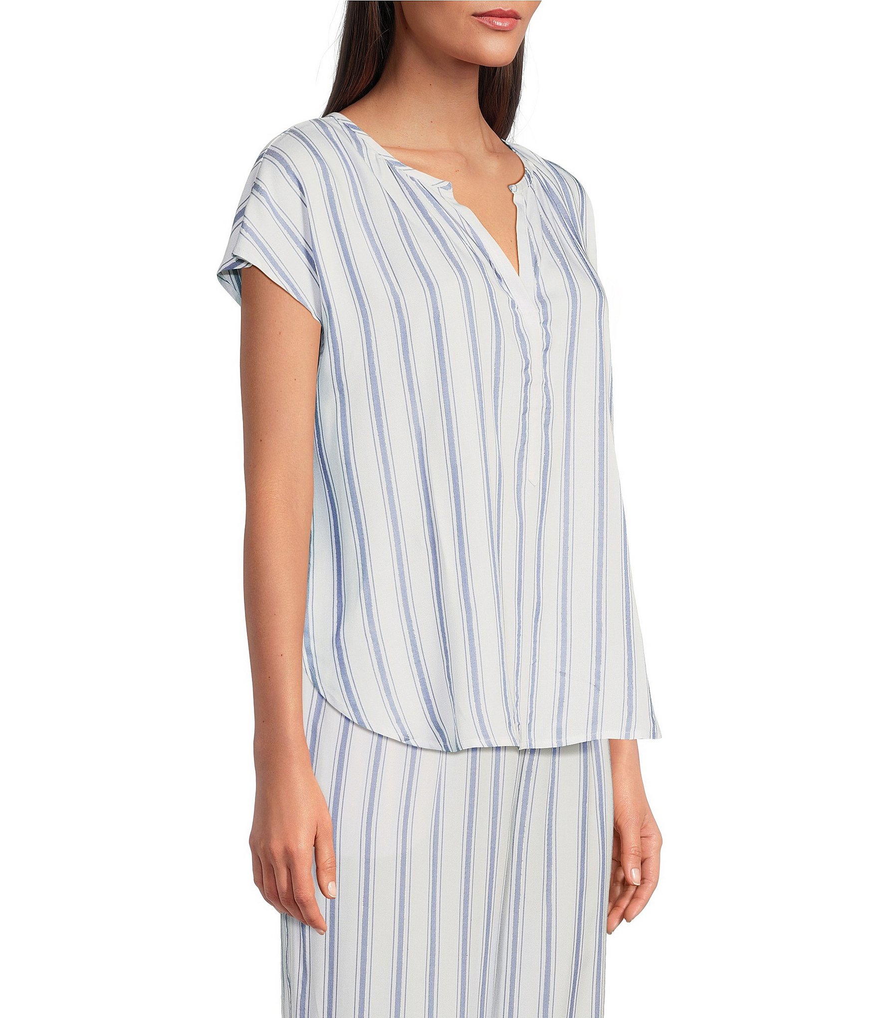 Nottibianche Striped Split Round Neck Cap Sleeve Coordinating Woven Sleep Top