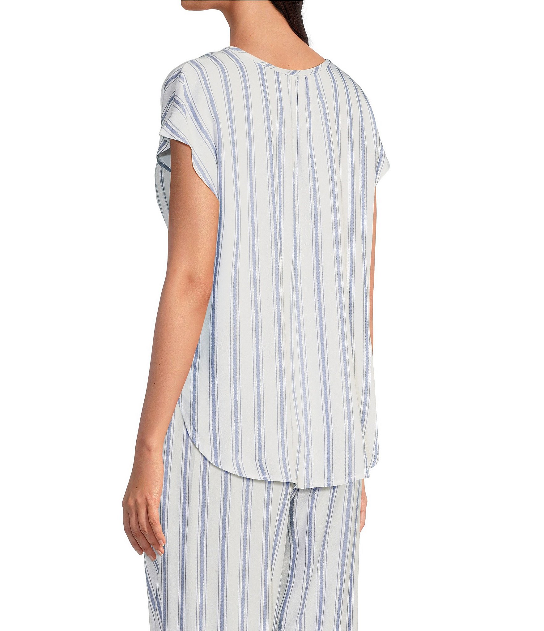 Nottibianche Striped Split Round Neck Cap Sleeve Coordinating Woven Sleep Top