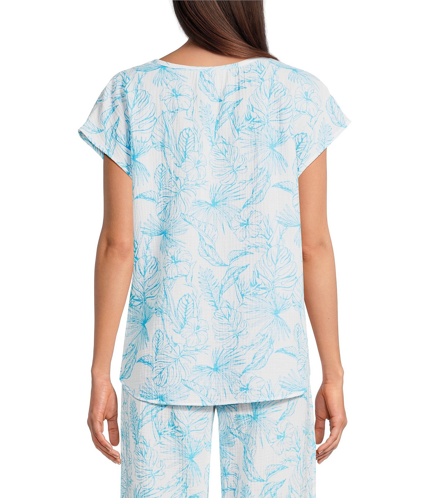 Nottibianche Woven Double Cloth Tropical Palm Print Cap Sleeve Split Round Neck Coordinating Sleep Top