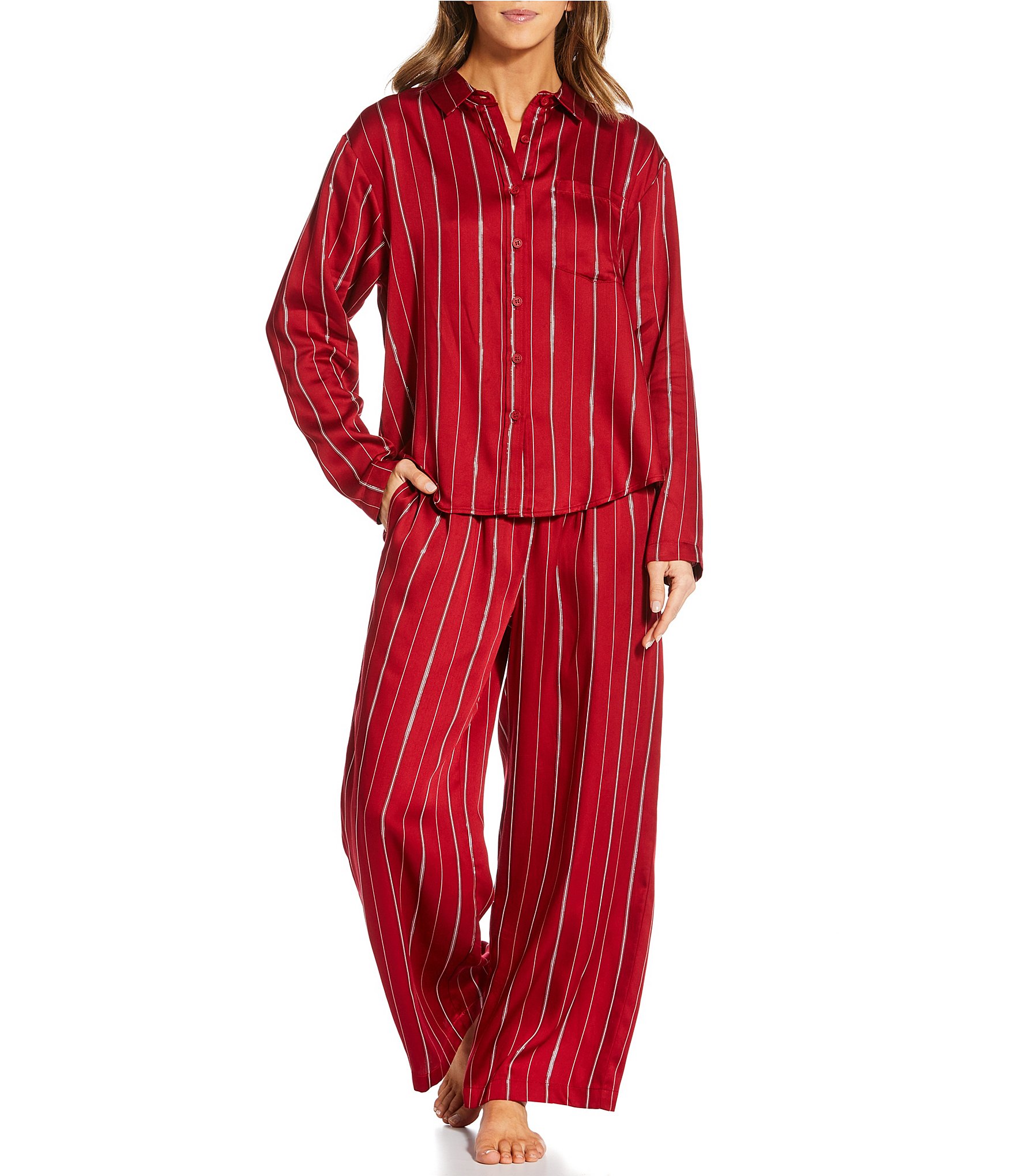 Nottibianche Woven Satin Metallic Stripe Coordinating Sleep Pants