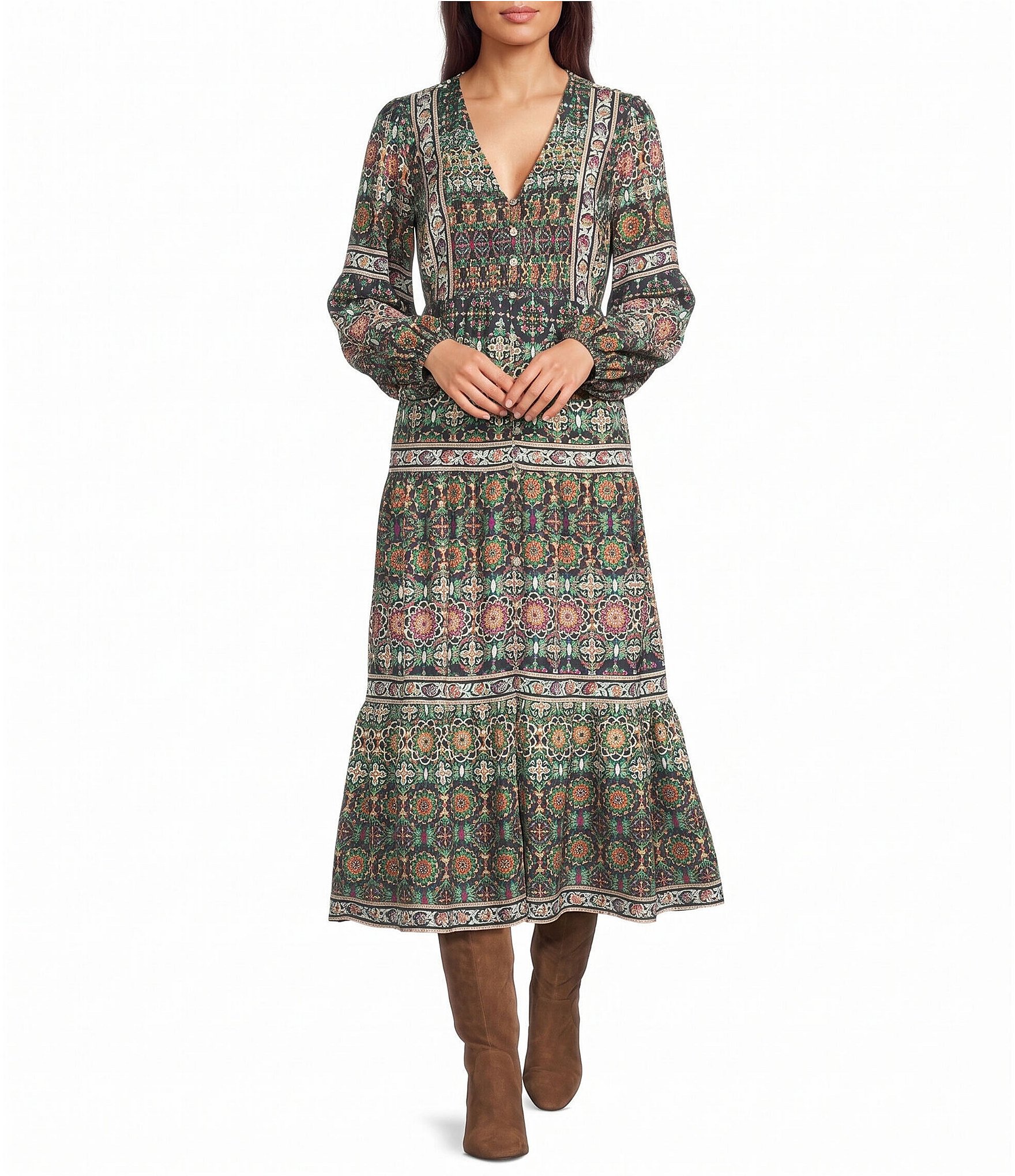 Nurture Bracelet Sleeve Y-Neck Button Front Midi Dress
