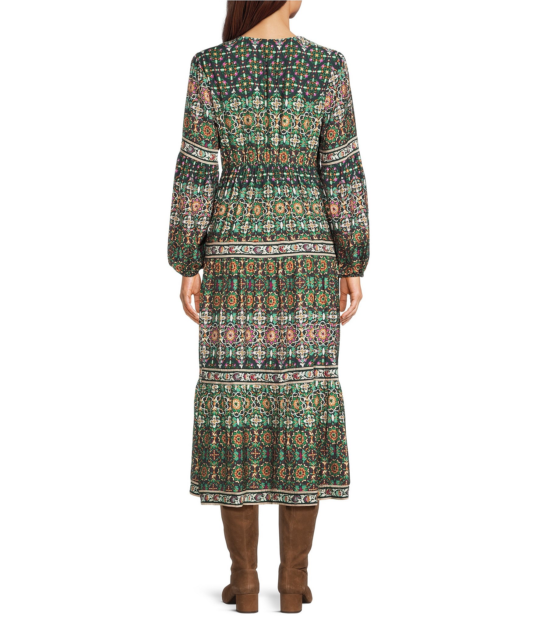 Nurture Bracelet Sleeve Y-Neck Button Front Midi Dress