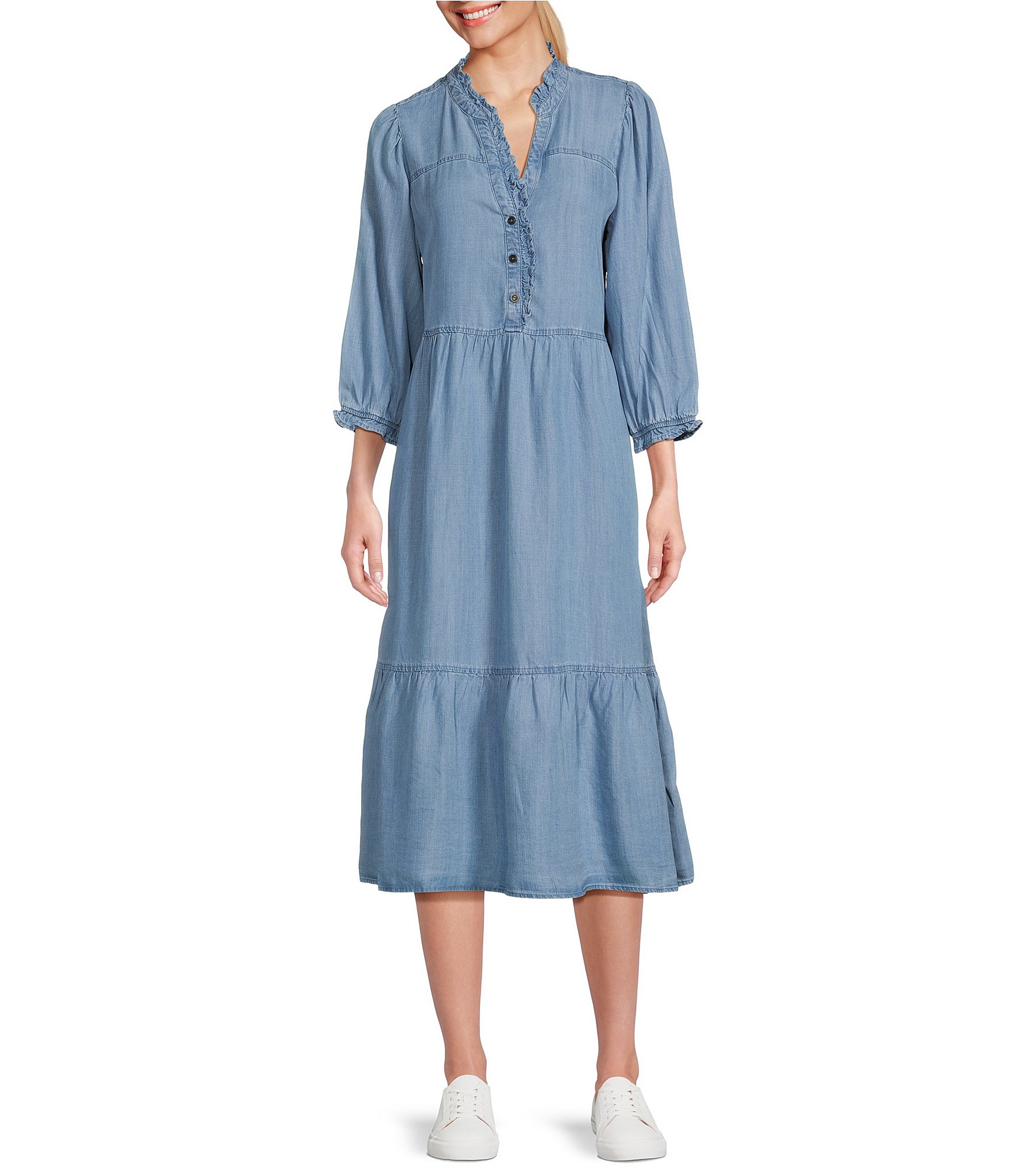 Nurture by Westbound 3/4 Sleeve Smocked Chambray Midi A-Line Dress ...