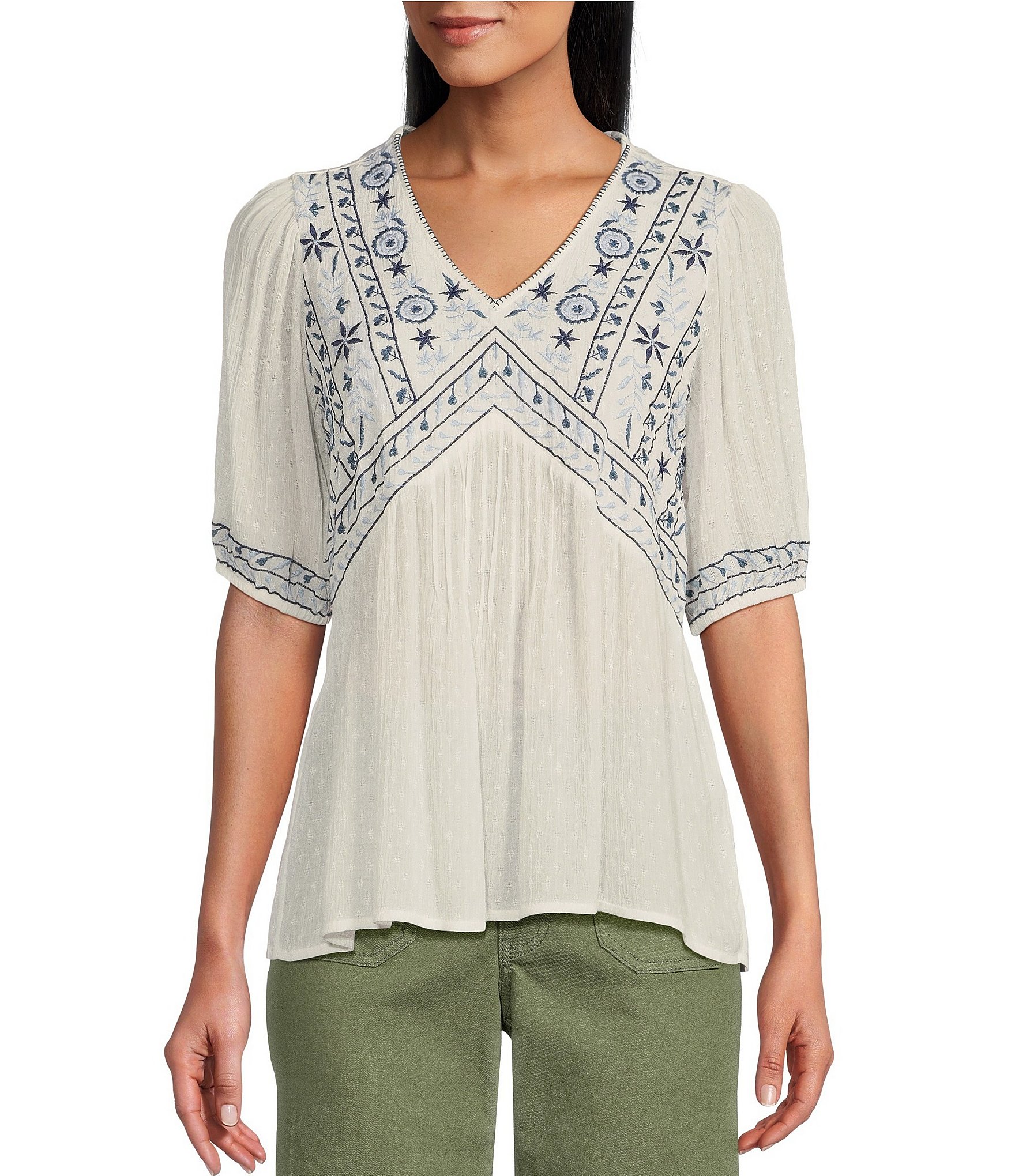 Nurture by Westbound Embroidered V-Neck Puff Sleeve Blouse | Dillard's