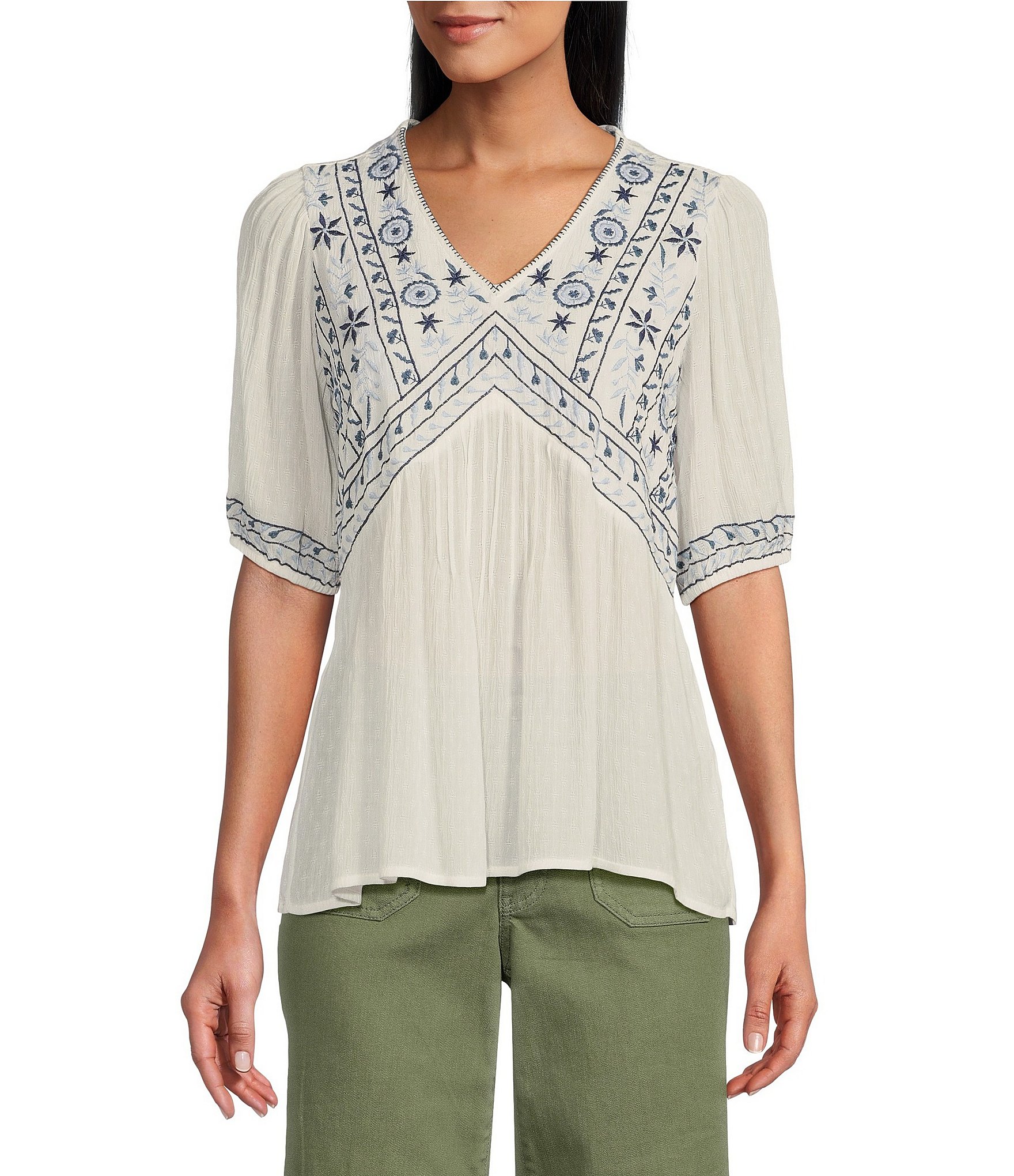 Nurture by Westbound Embroidered V-Neck Puff Sleeve Blouse | Dillard's