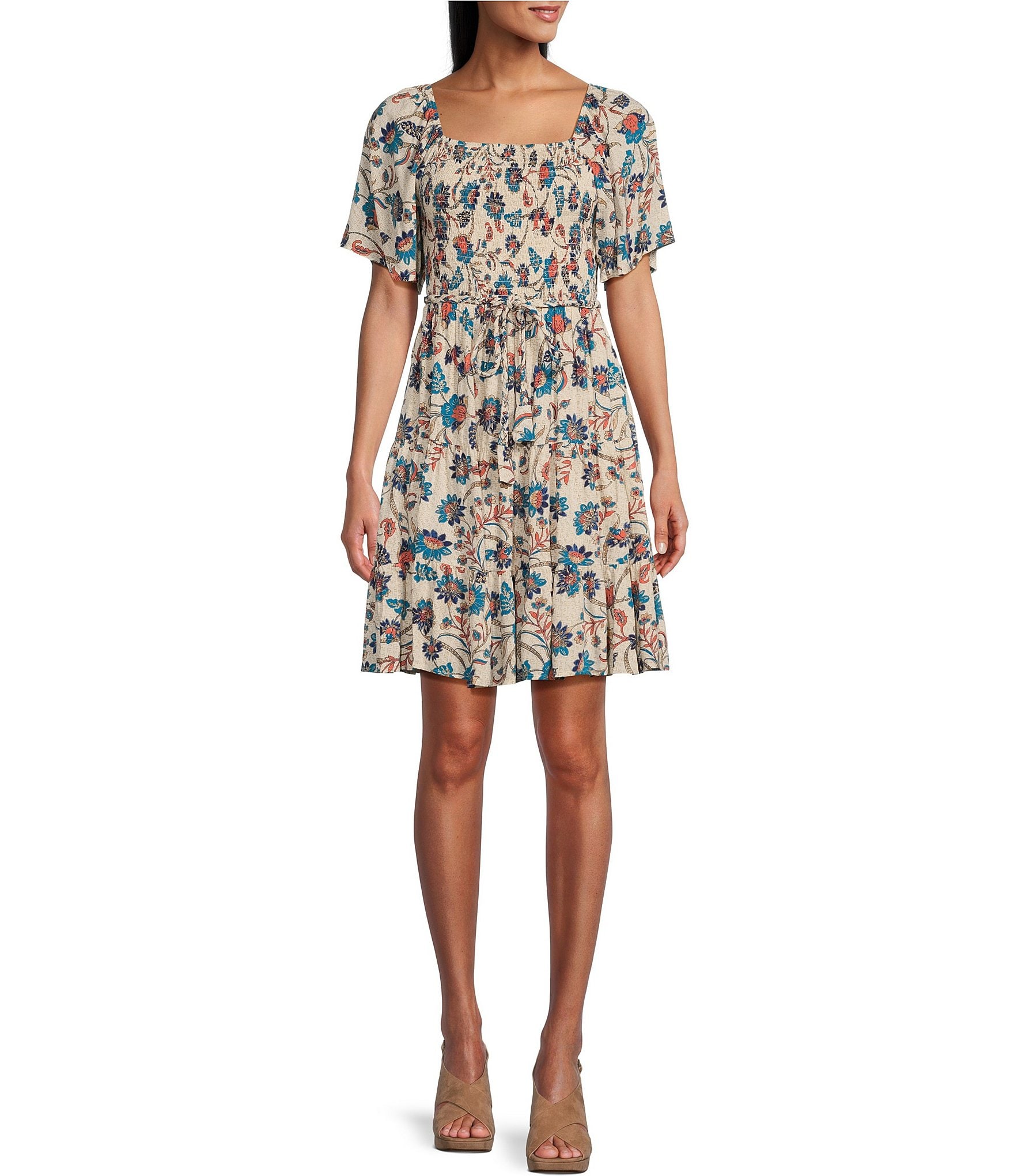 Nurture By Westbound Floral Short Puff Sleeve Square Neck Smocked Tie ...