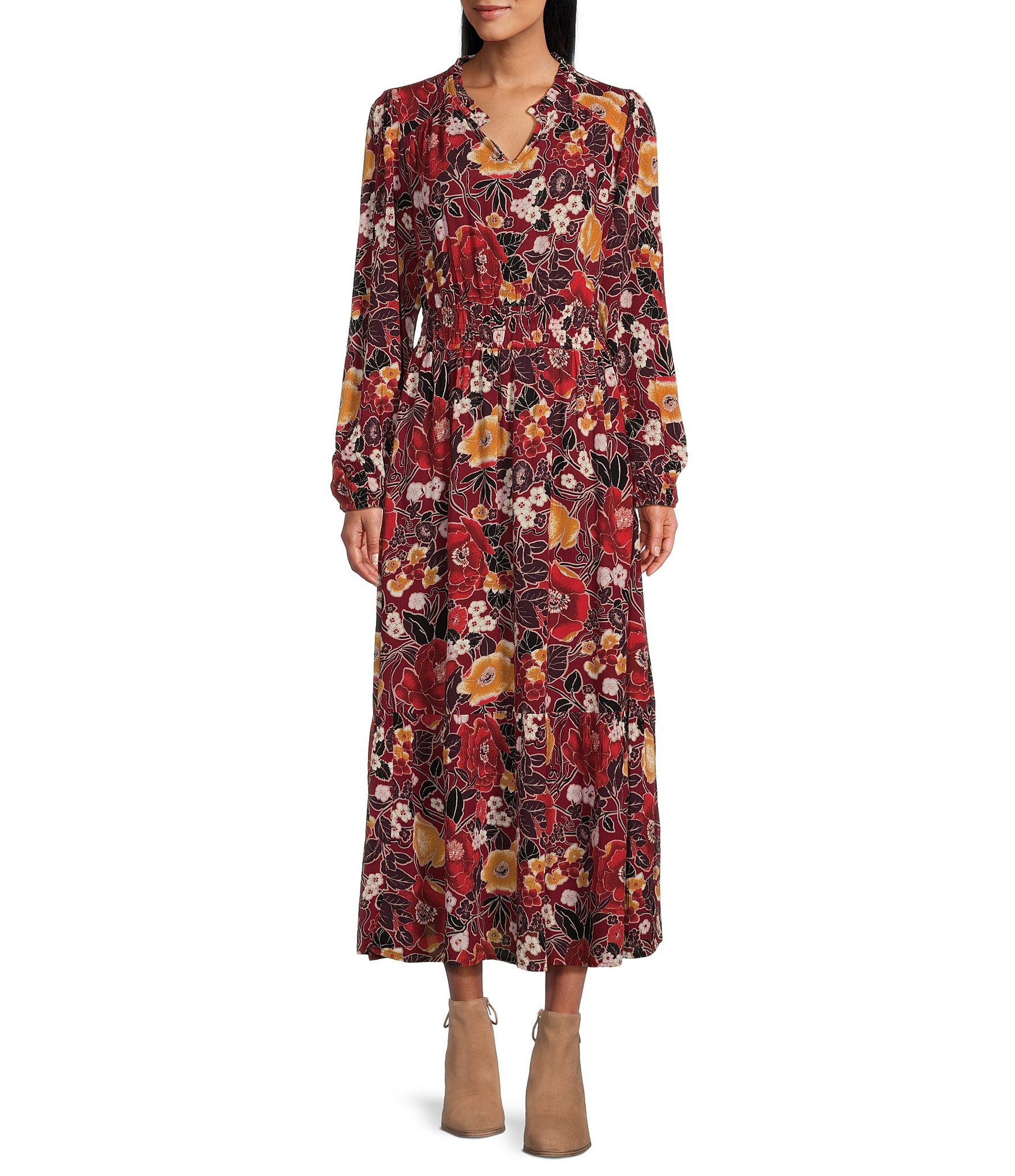 Nurture by Westbound Long Sleeve Smocked Floral Midi Dress | Dillard's
