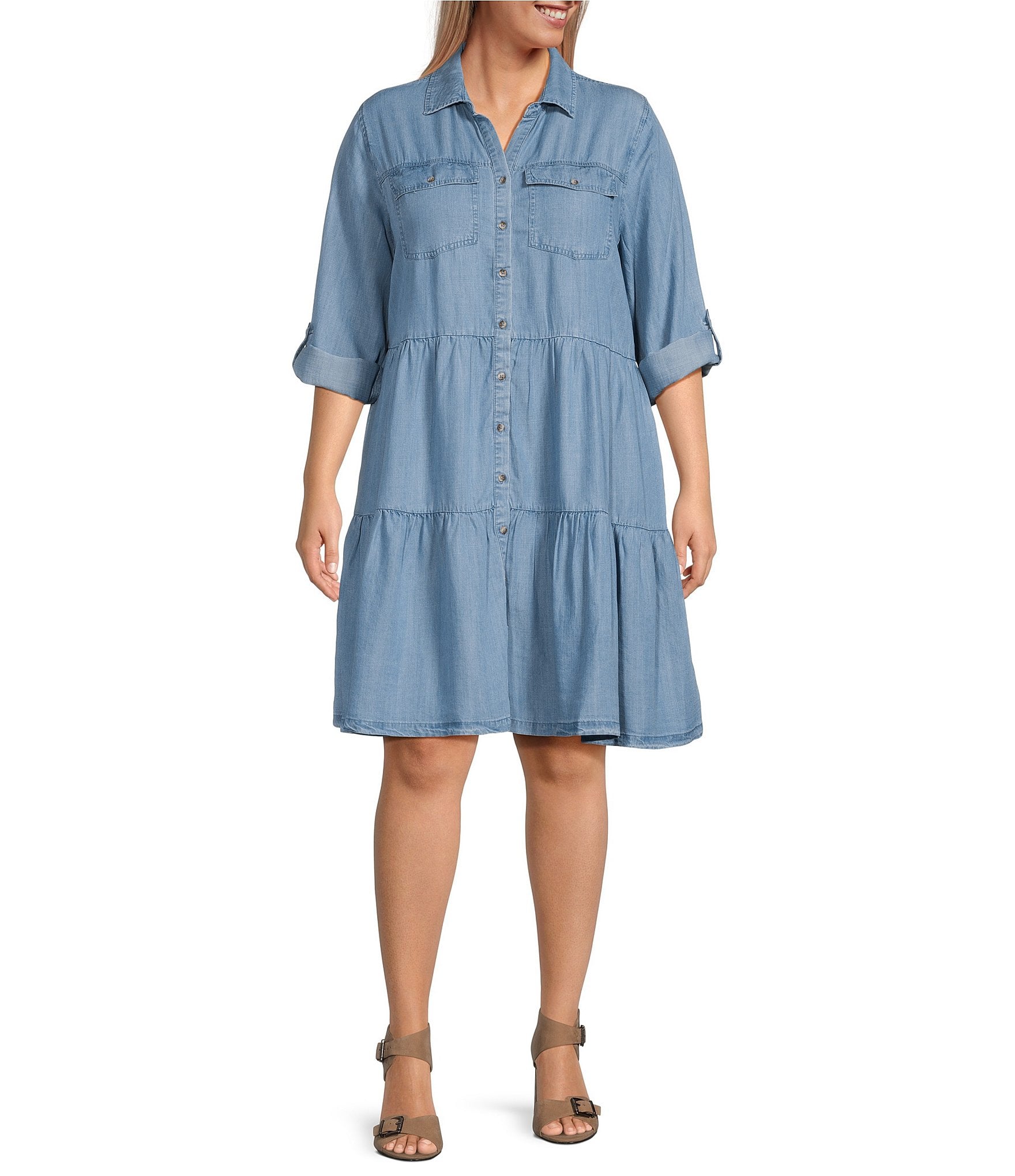 Nurture by Westbound Plus Size 3/4 Sleeve Tiered Shirt Dress | Dillard's