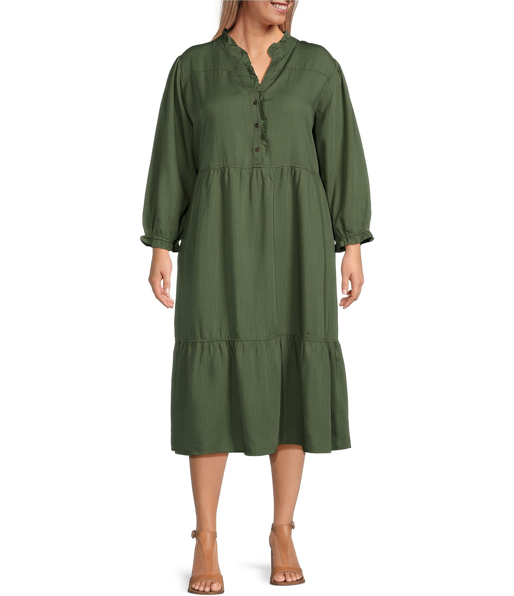 Nurture by Westbound Plus Size V-Neck 3/4 Sleeve Dual Chest Pocket Tiered  Shirt Dress
