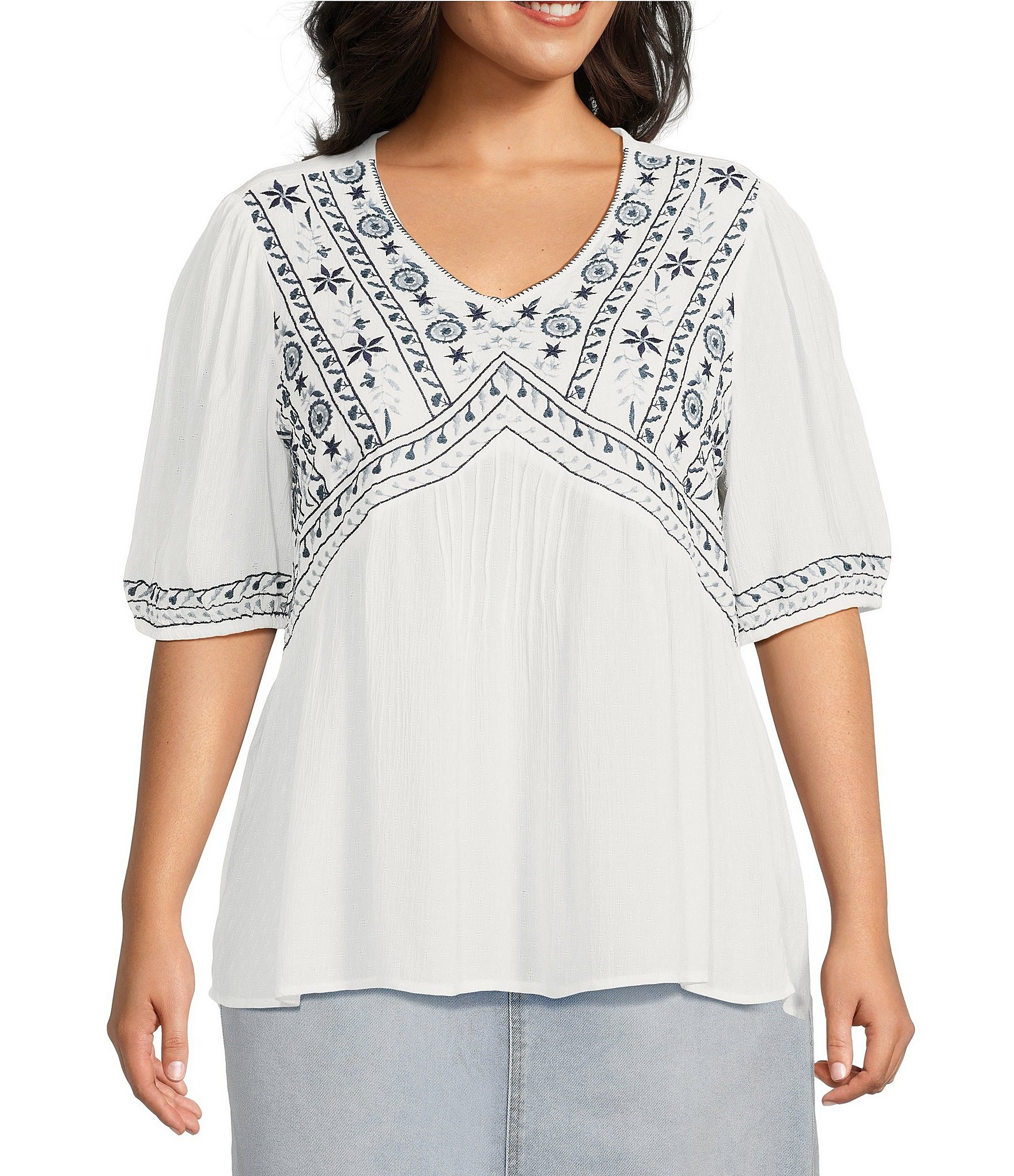 Nurture by Westbound Plus Size Embroidered V-Neck Puff Sleeve Blouse ...