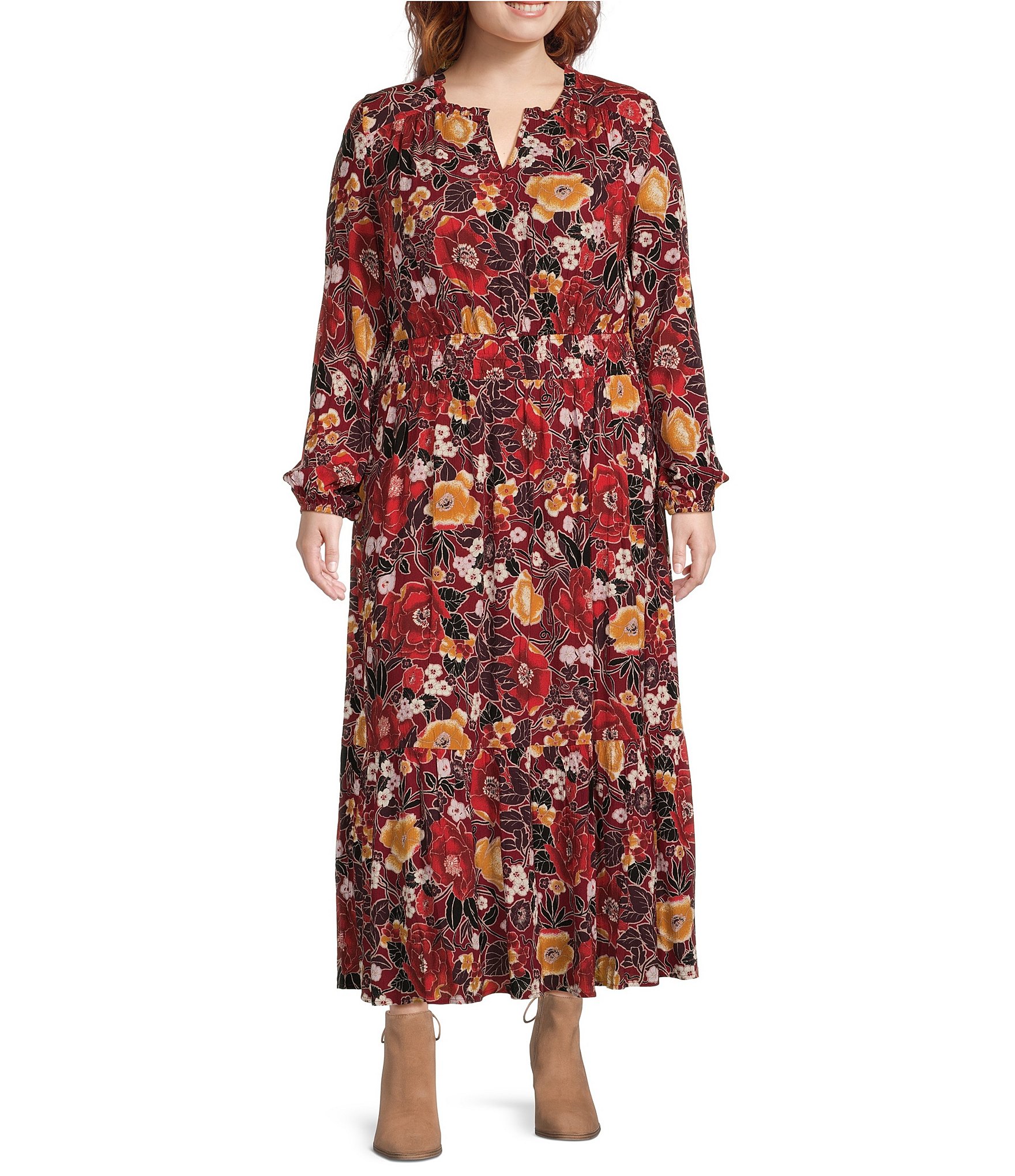 Nurture by Westbound Plus Size Long Sleeve Smocked Floral Midi Dress ...