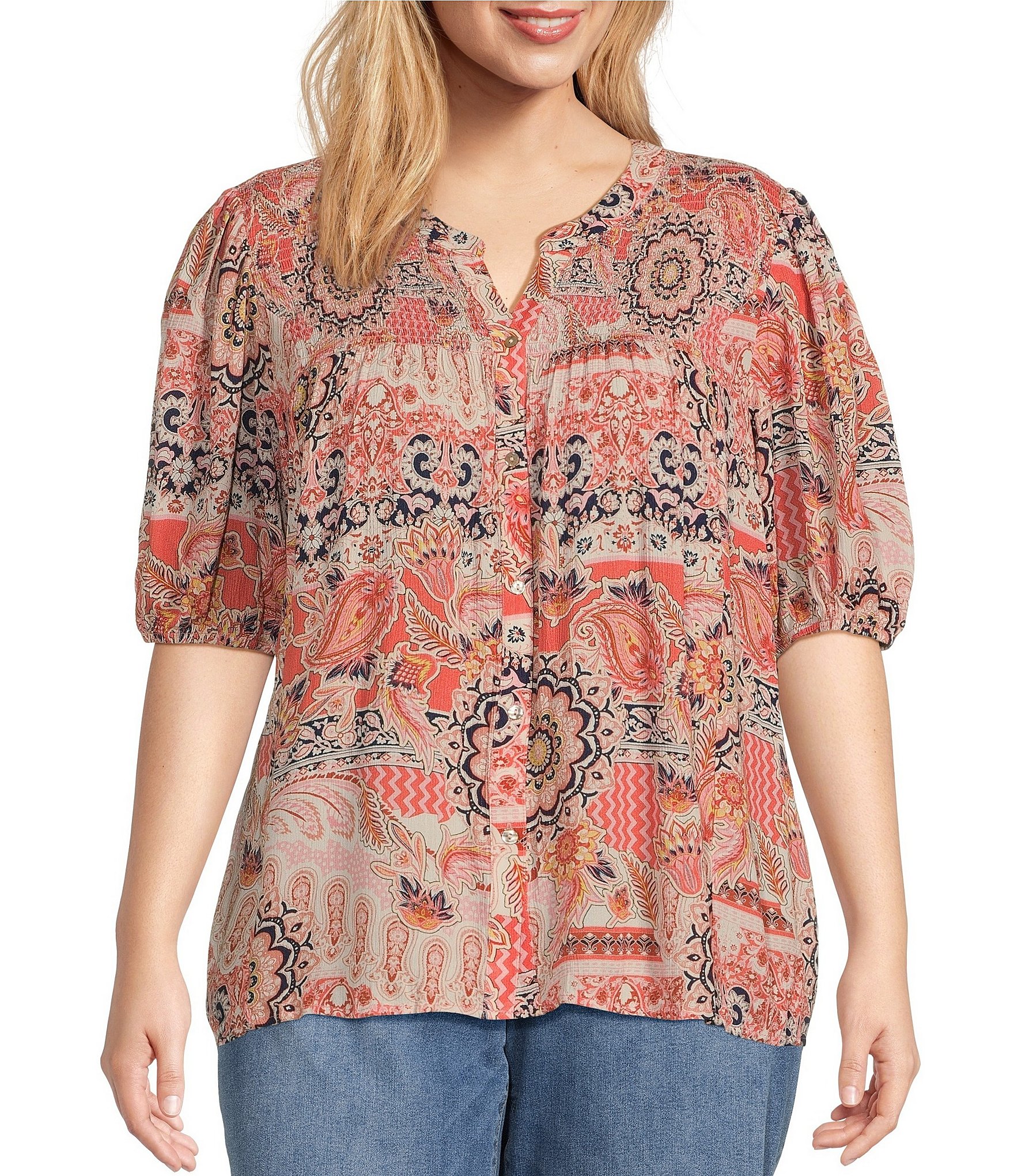 Nurture by Westbound Plus Size Smocked Front Elbow Sleeves Button Down ...