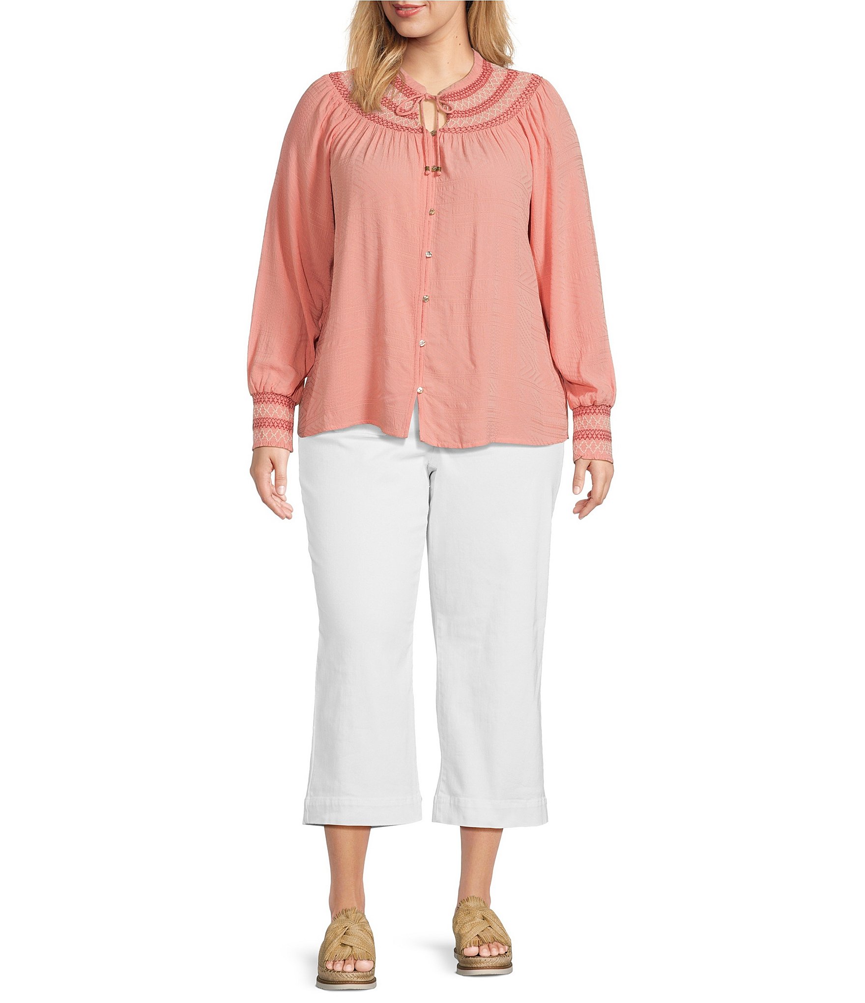 Nurture by Westbound Plus Size Woven Long Sleeve Button Front Novelty Smocking Top