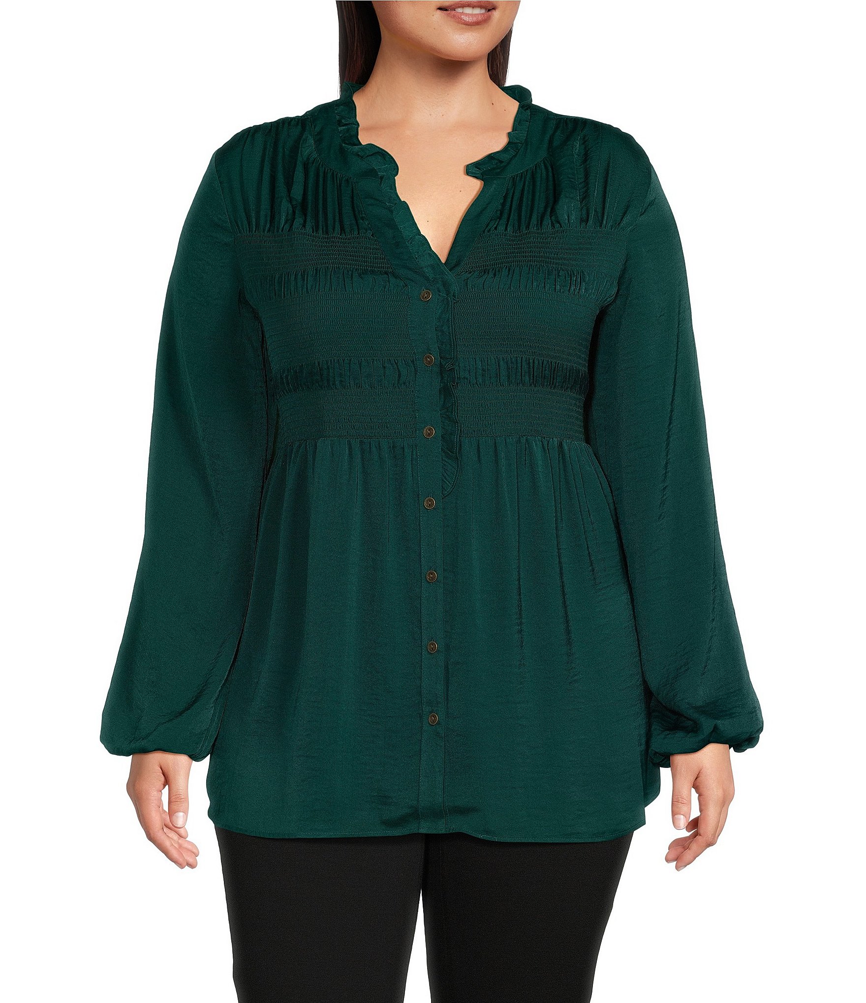 Nurture By Westbound Plus Size Woven Long Sleeve Button Front Ruffle ...