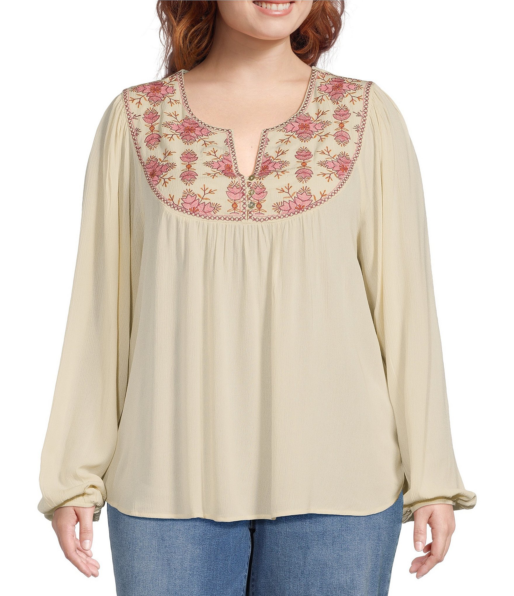 Nurture by Westbound Plus Size Woven Long Sleeve V-Neck Embroidered Top ...