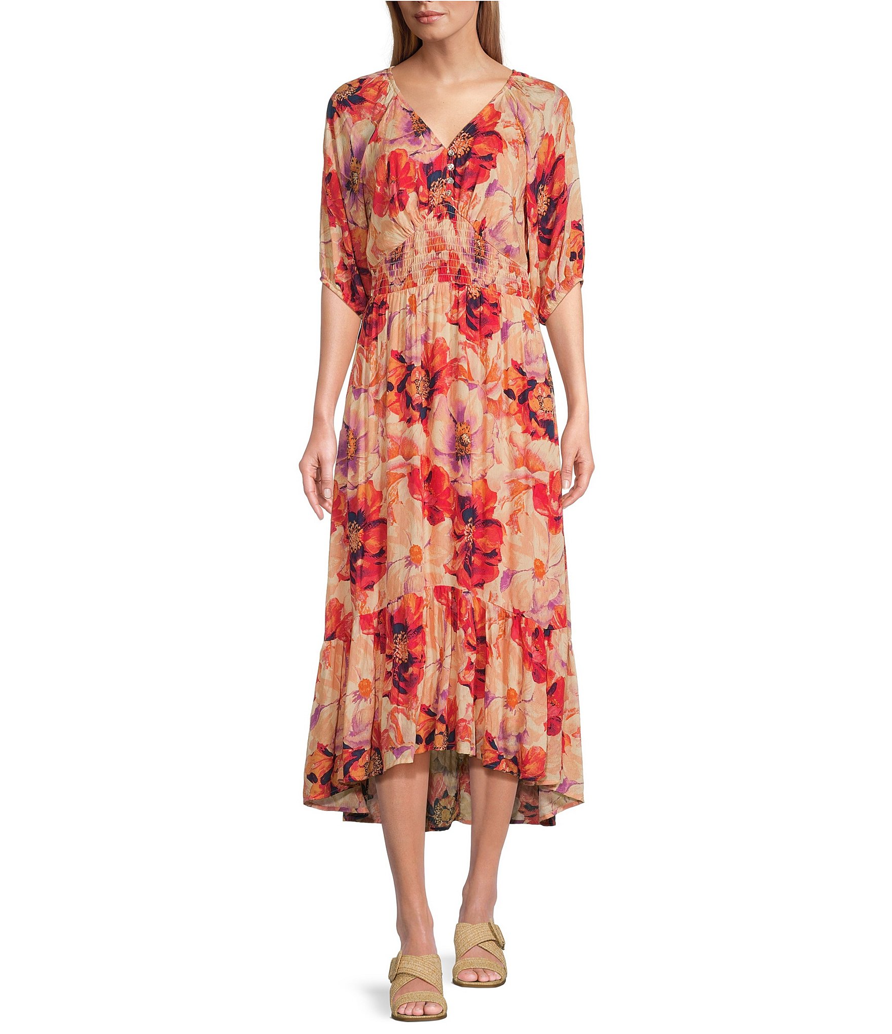 Nurture by Westbound Smocked Waist Elbow Sleeve High-Low Midi A-Line ...