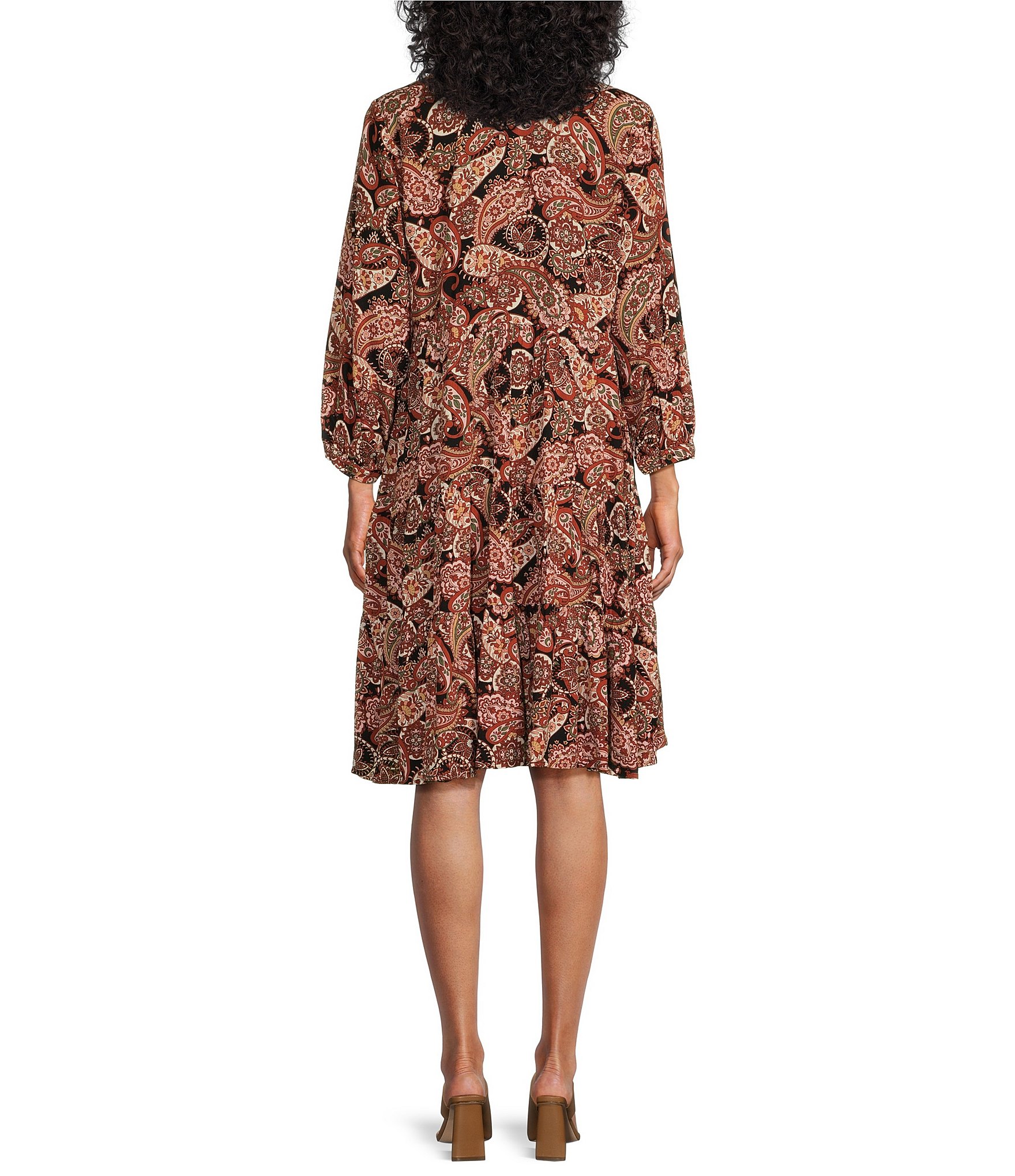 Nurture by Westbound Spice Paisley Print Embroidered 3/4 Sleeve Tiered Dress