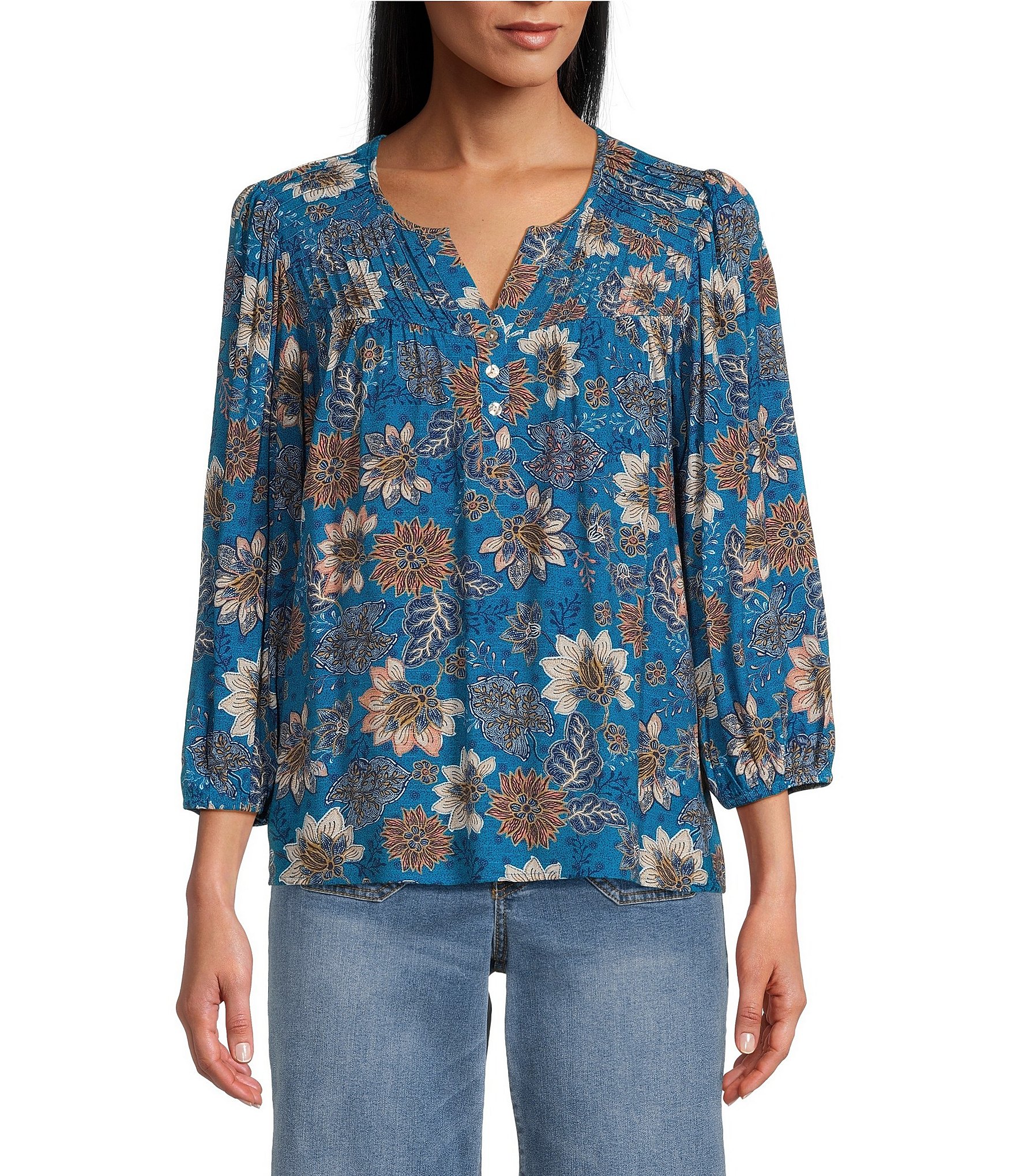 Nurture By Westbound Woven Floral Print Split Round Neck 3 4 Sleeve